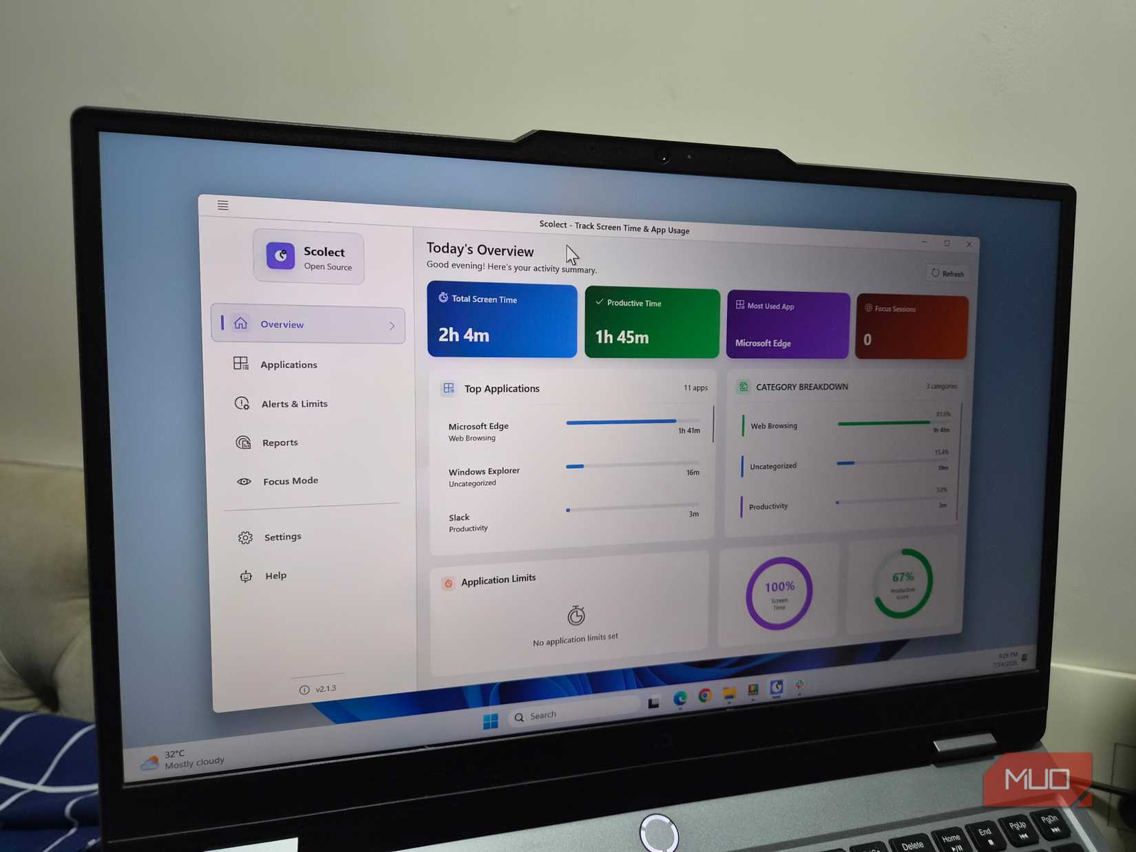 Scolect time tracker and app usage tool on a Windows laptop