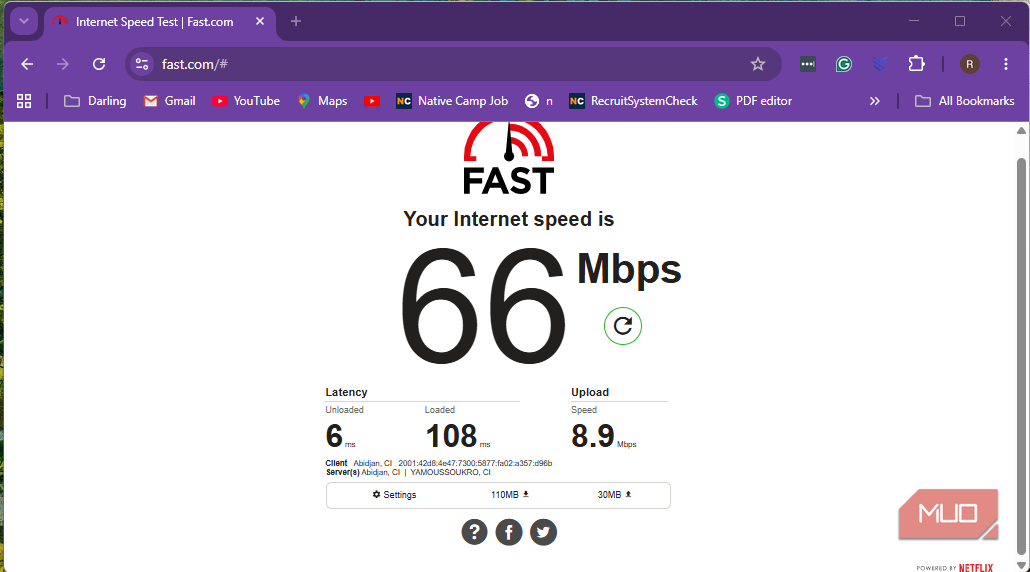 Internet speed test result