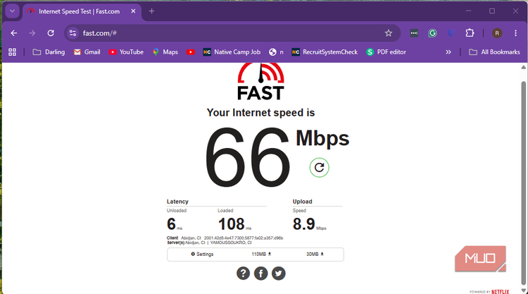 Internet speed test result