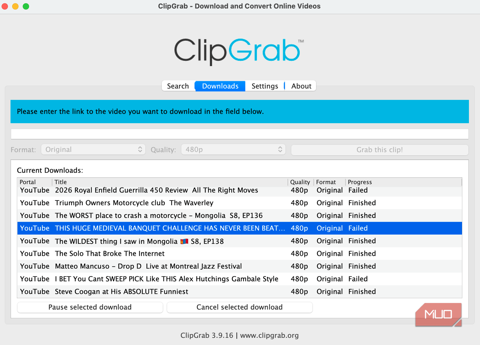 The ClipGrab YouTube downloader app on a Mac.