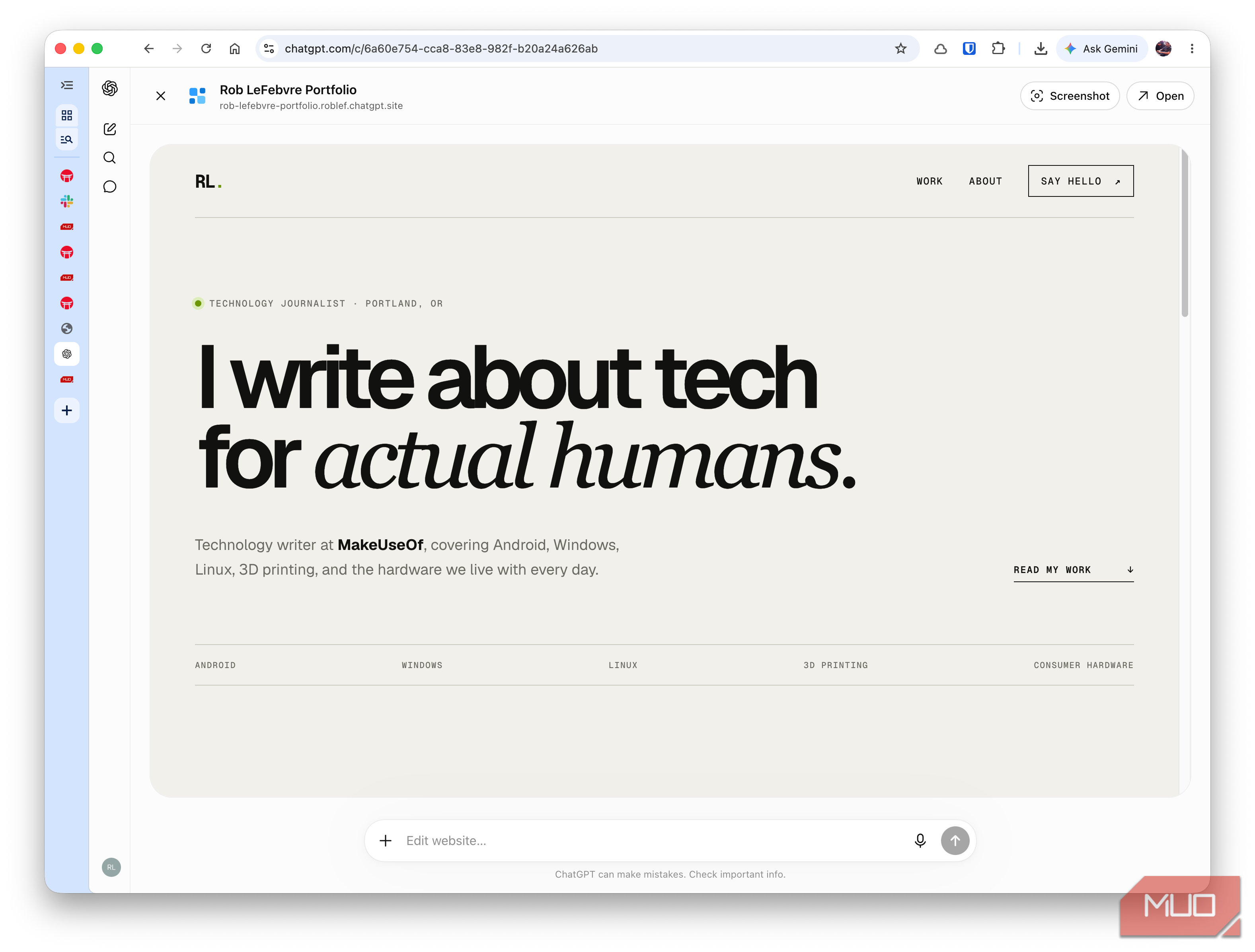 The final website in a browser