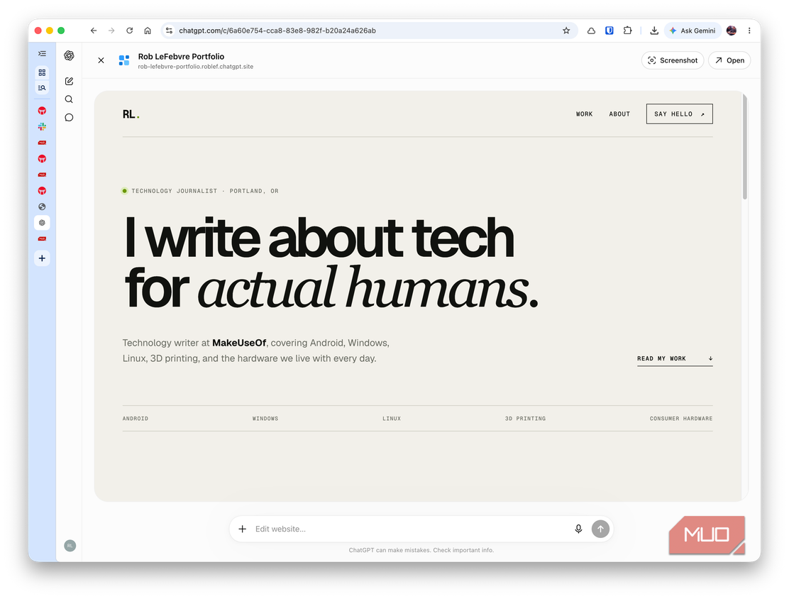 The final website in a browser