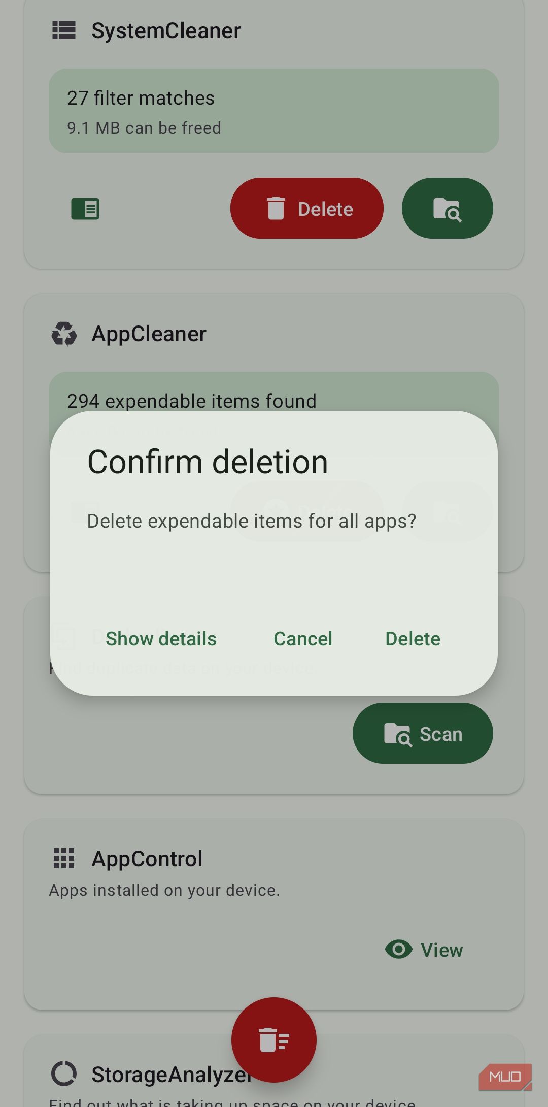 SD Maid showing confirm delete option on Android