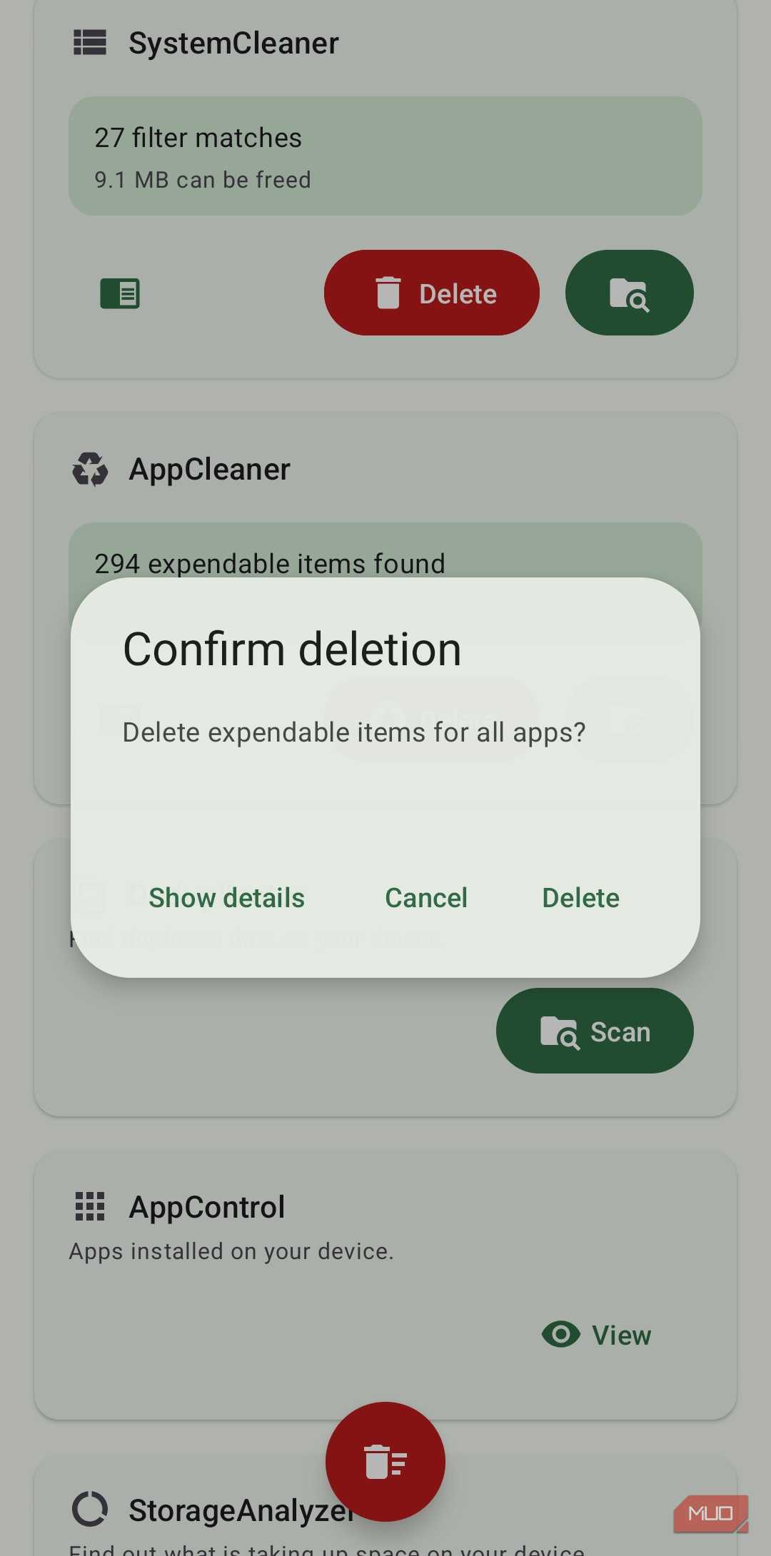 SD Maid showing confirm delete option on Android