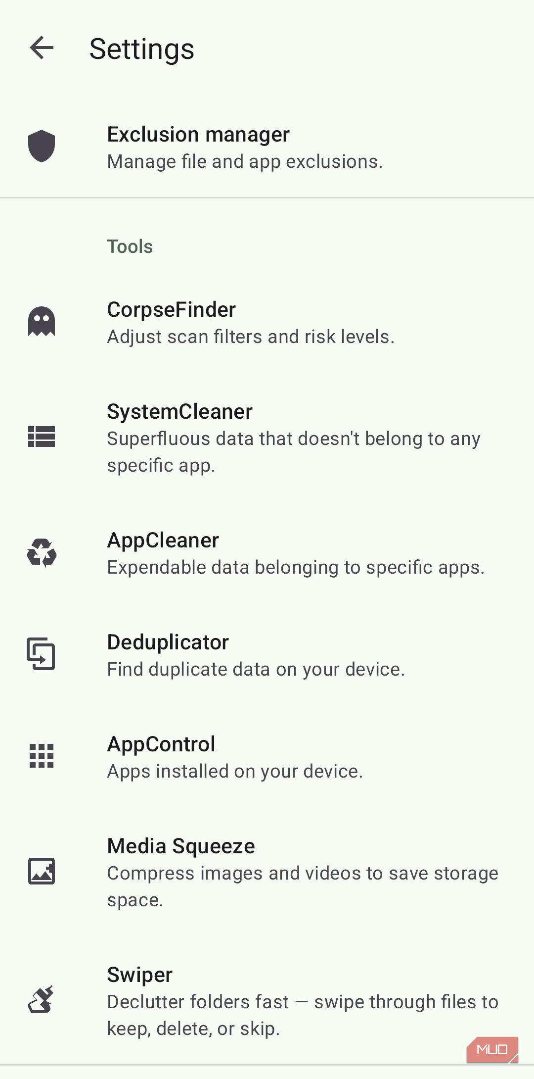 SD Maid showing Settings on Android
