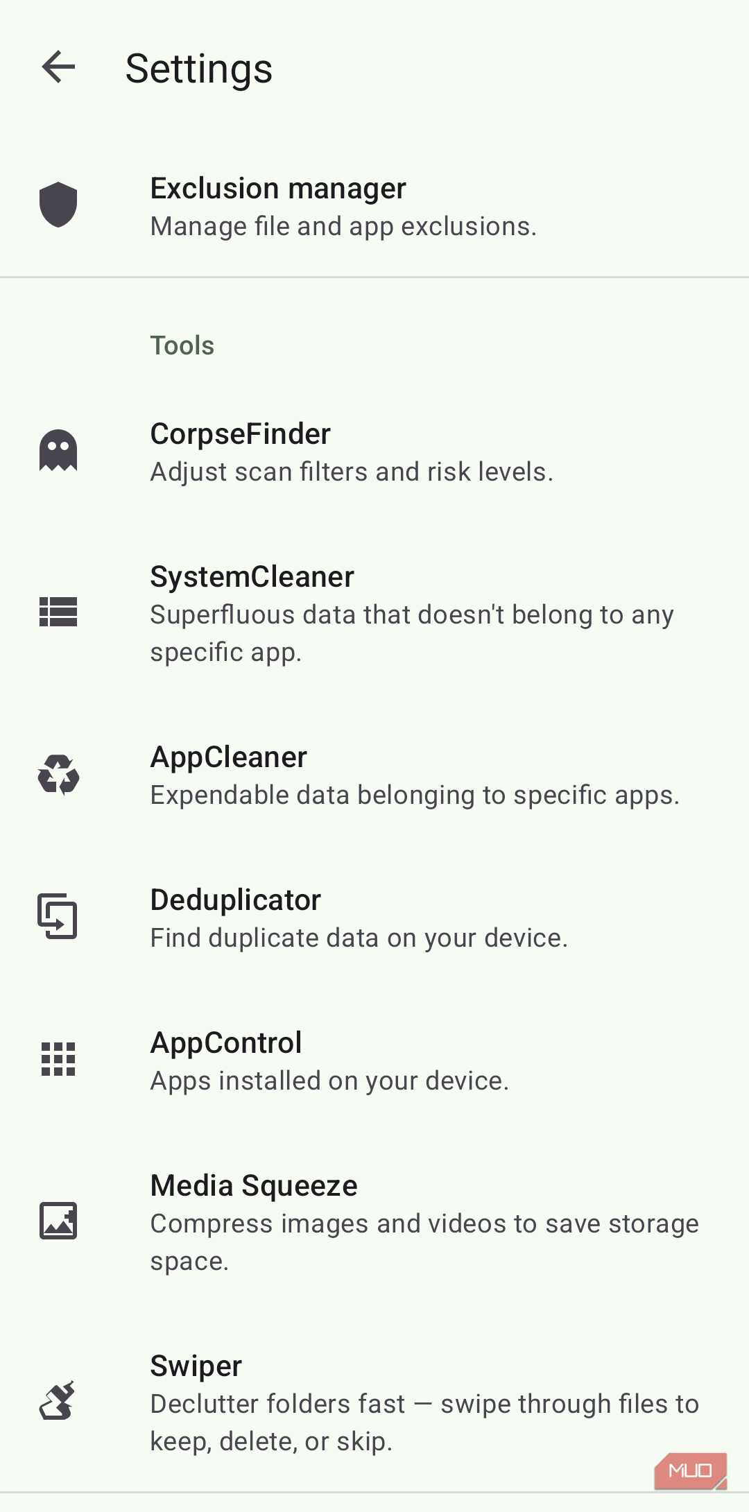 SD Maid showing Settings on Android
