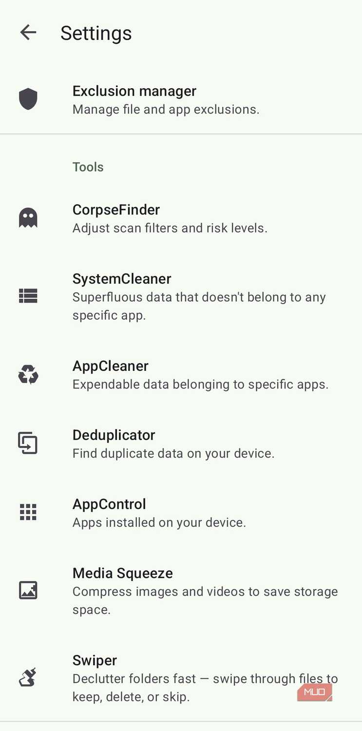 SD Maid showing Settings on Android