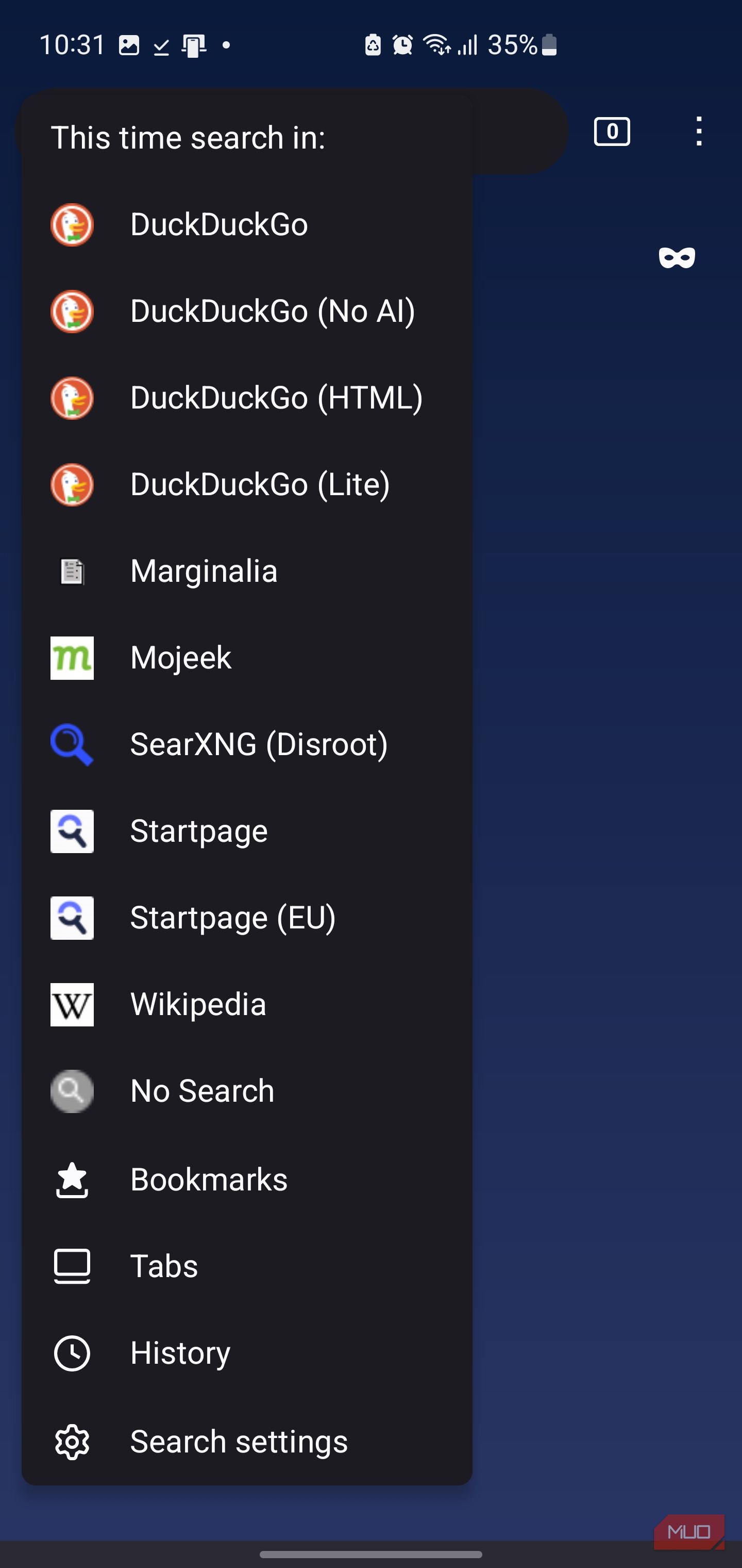 Search engine selection menu on IronFox