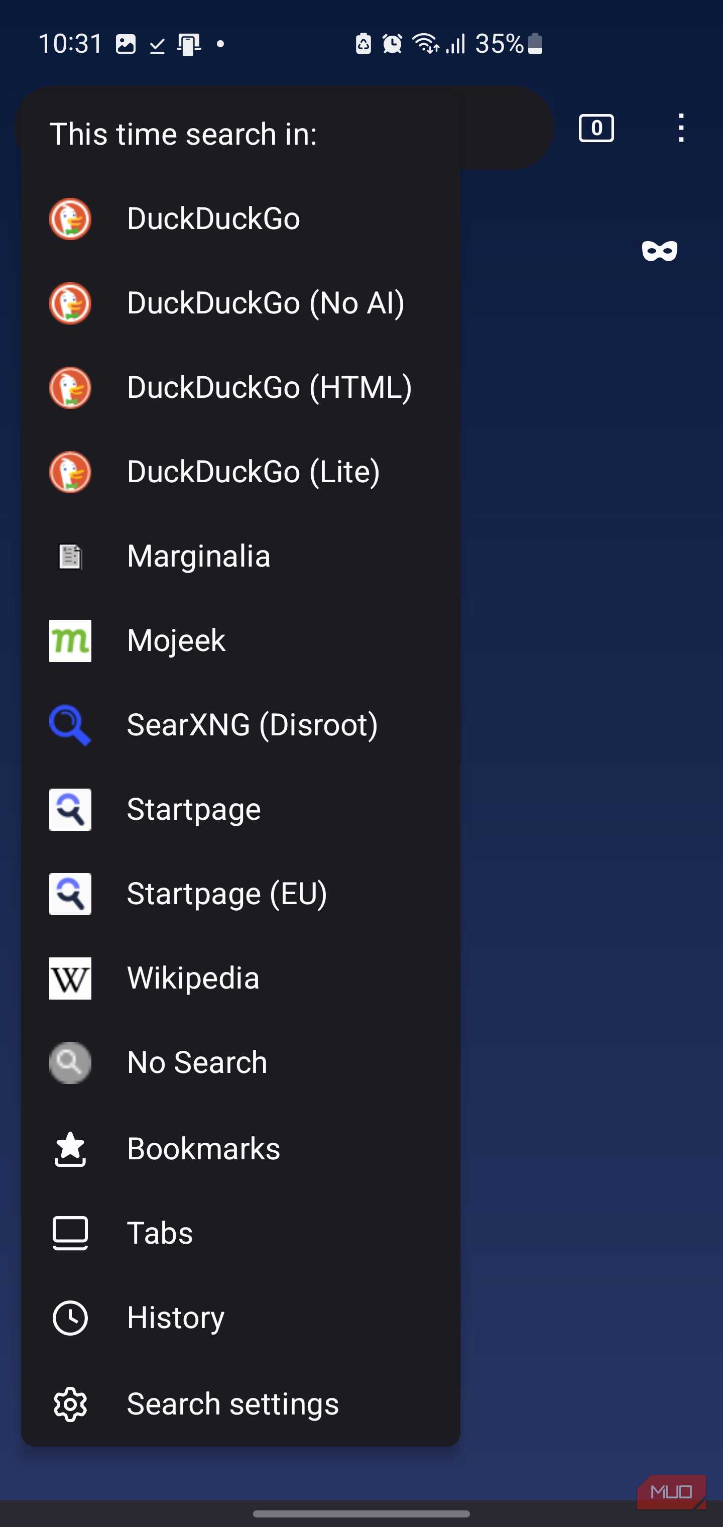 Search engine selection menu on IronFox