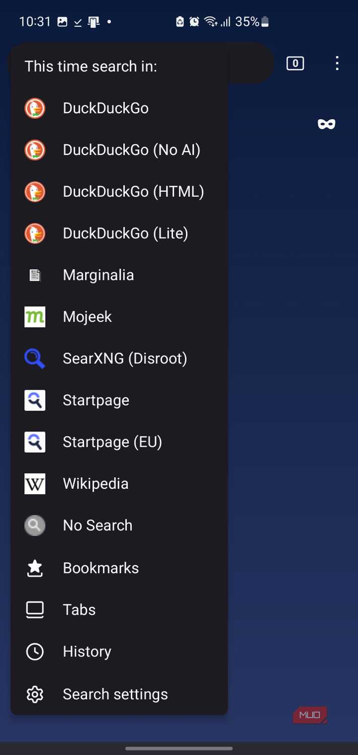 Search engine selection menu on IronFox