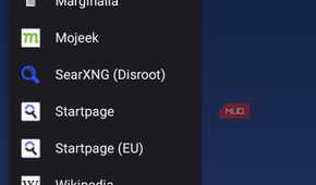 Search engine selection menu on IronFox