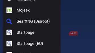 Search engine selection menu on IronFox