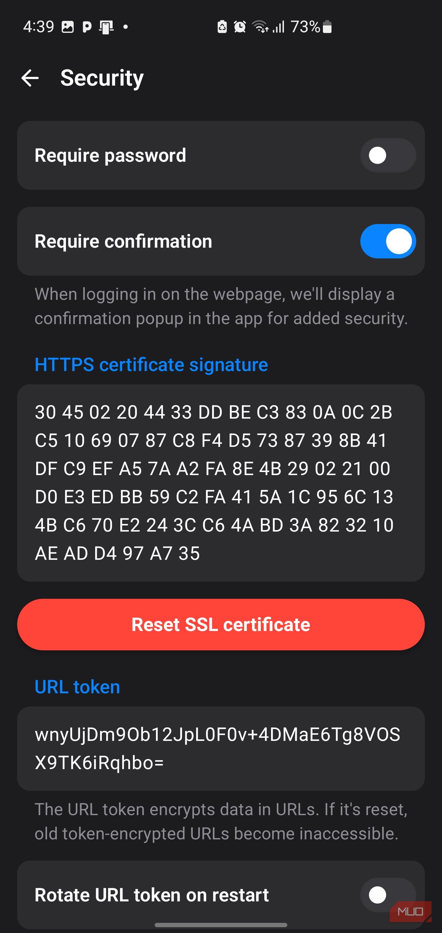 Security settings menu in mobile application