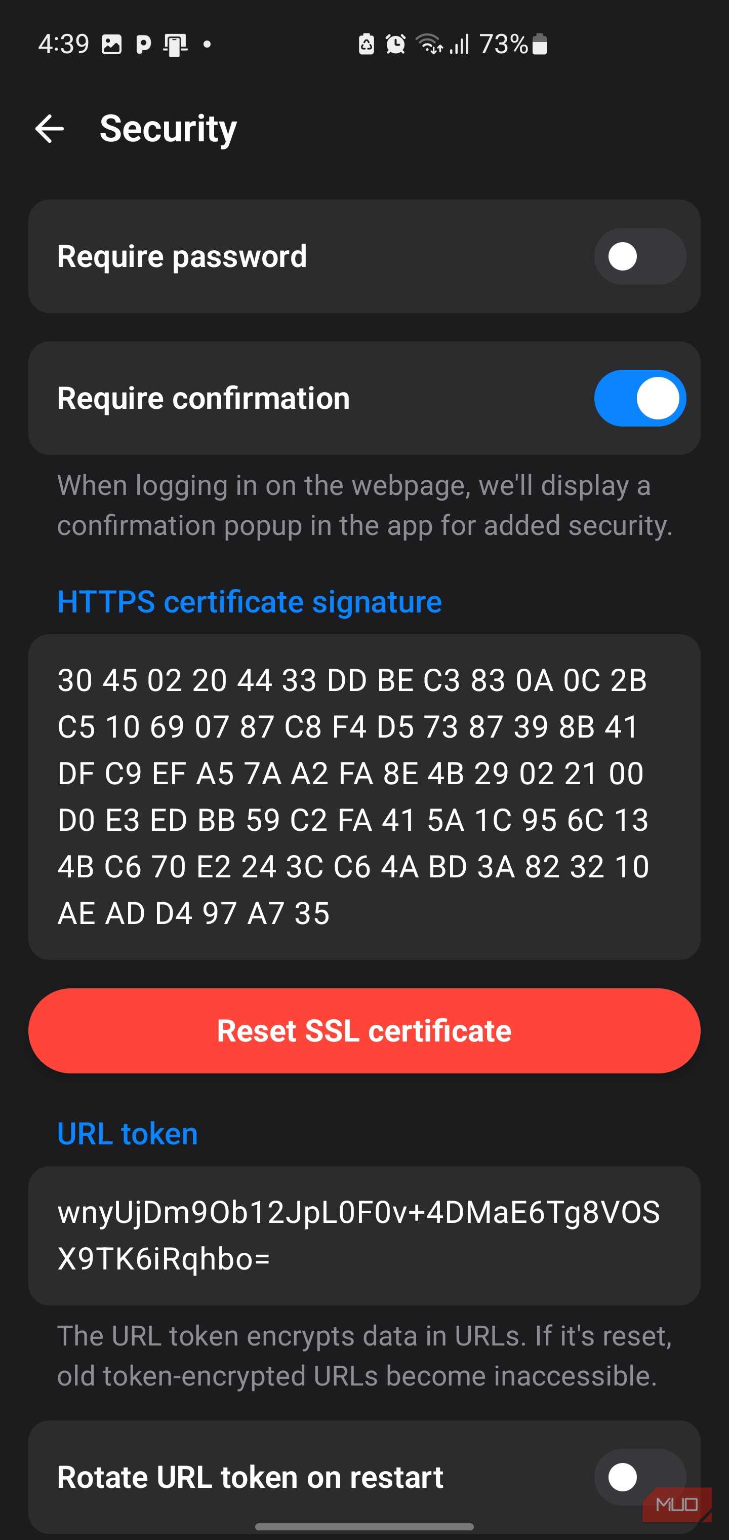 Security settings menu in mobile application