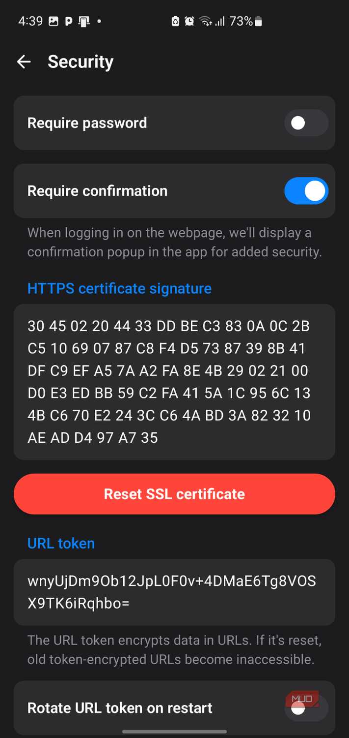 Security settings menu in mobile application