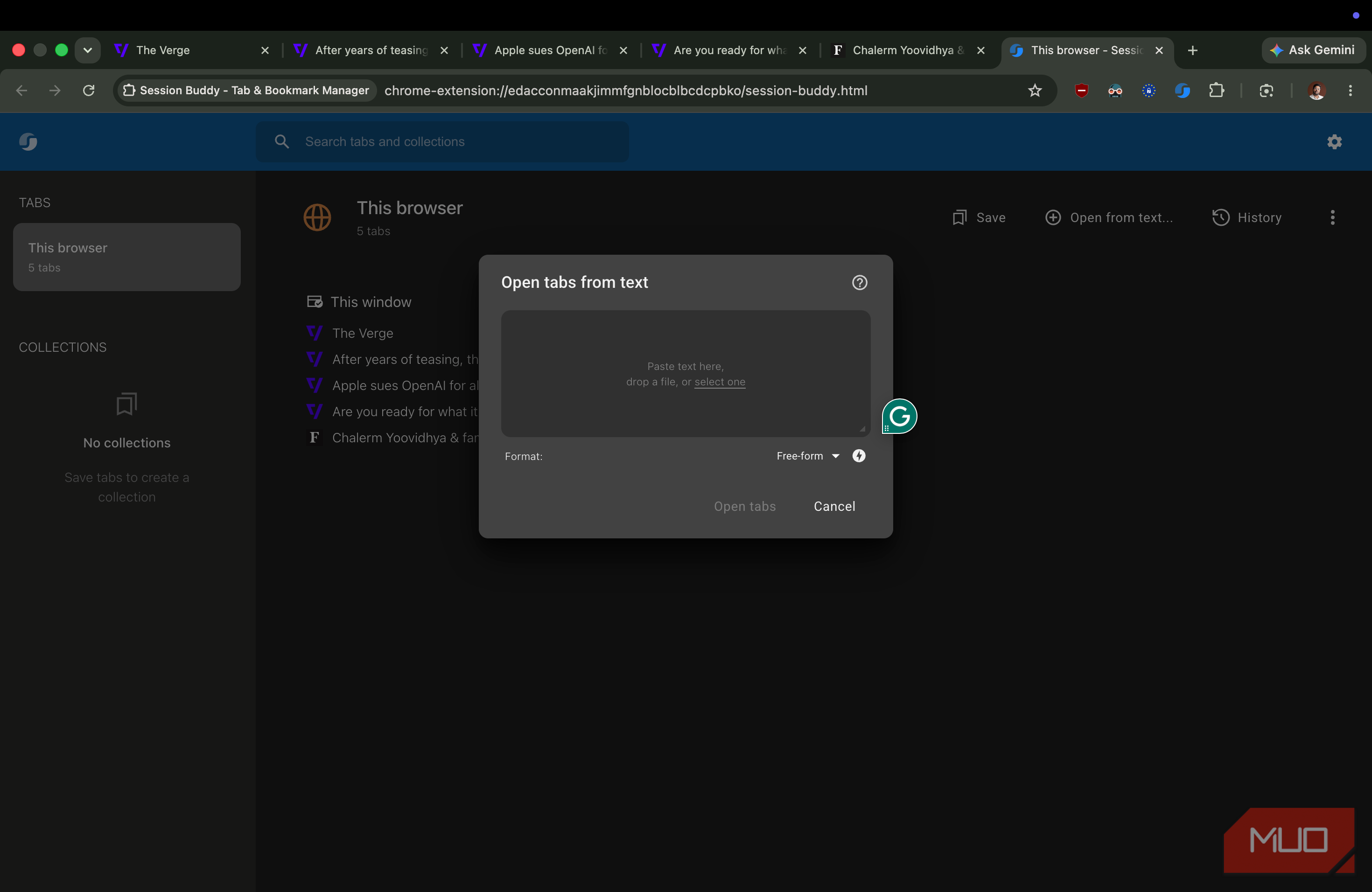 Session Buddy Extension showing the option to open multiple tabs