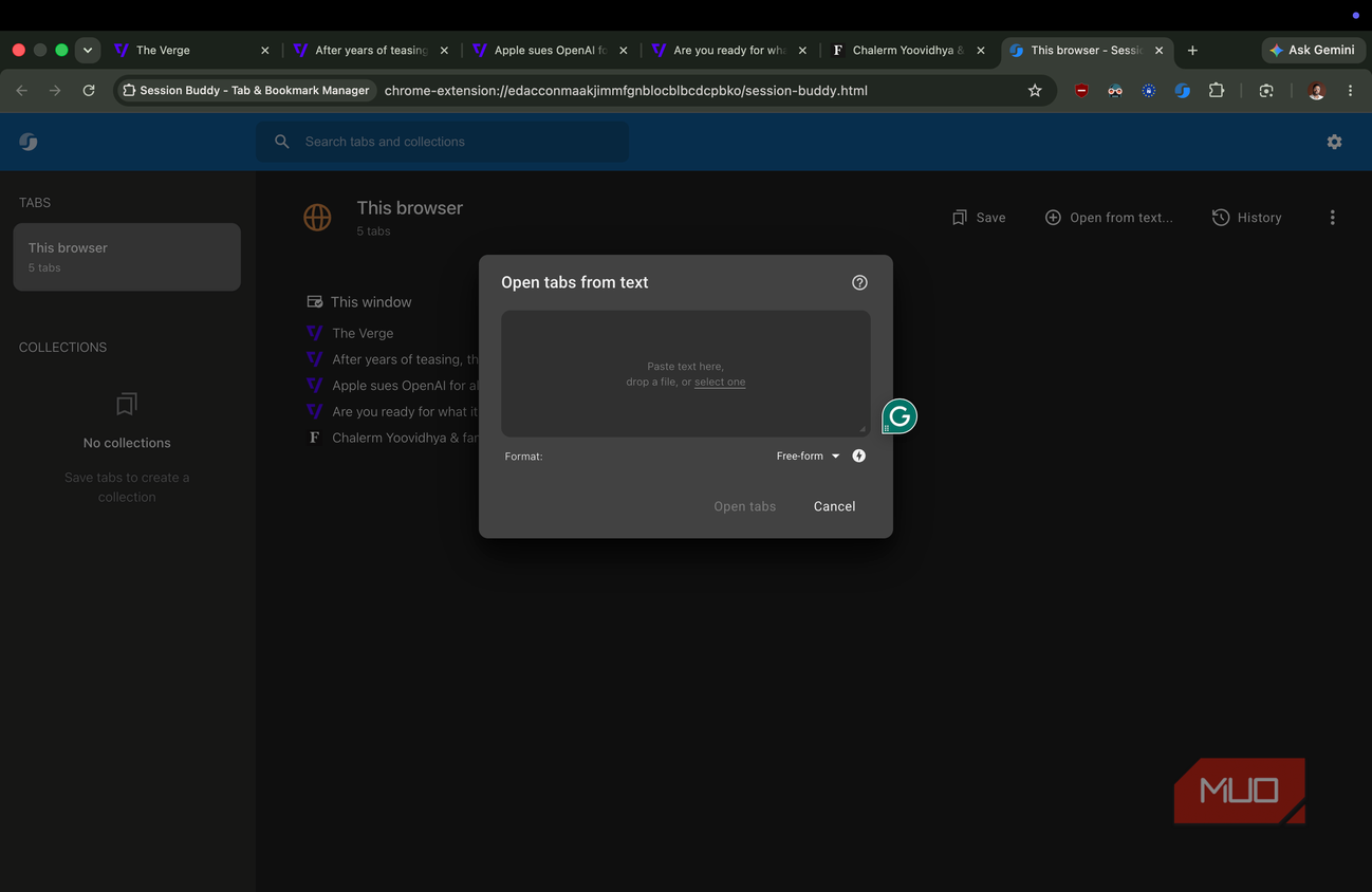 Session Buddy Extension showing the option to open multiple tabs