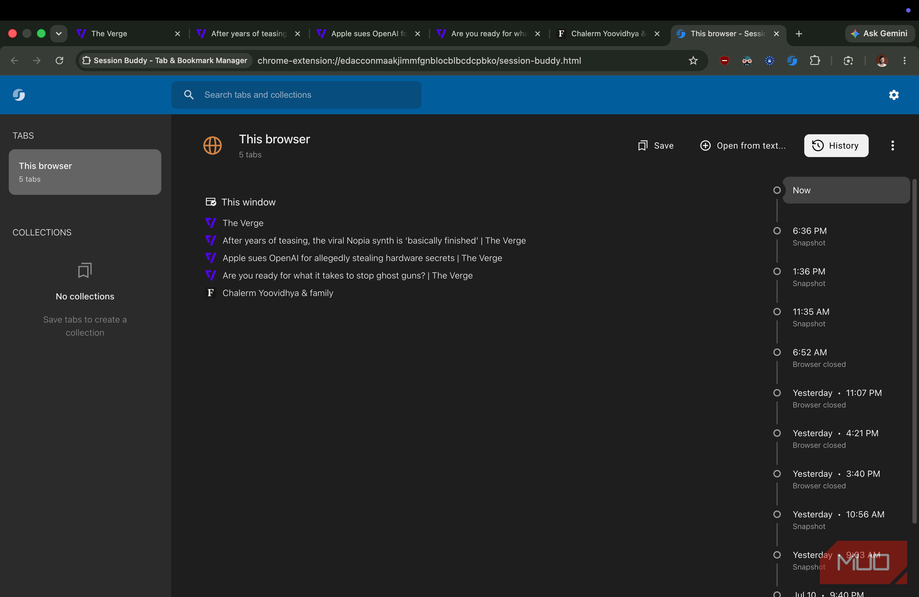 Session Buddy extension showing the history option on the right side