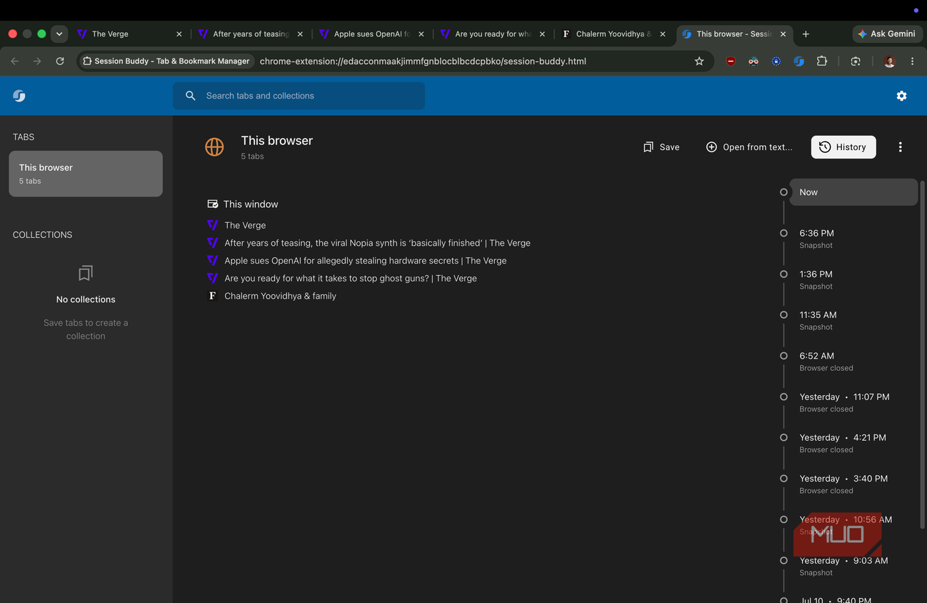 Session Buddy extension showing the history option on the right side