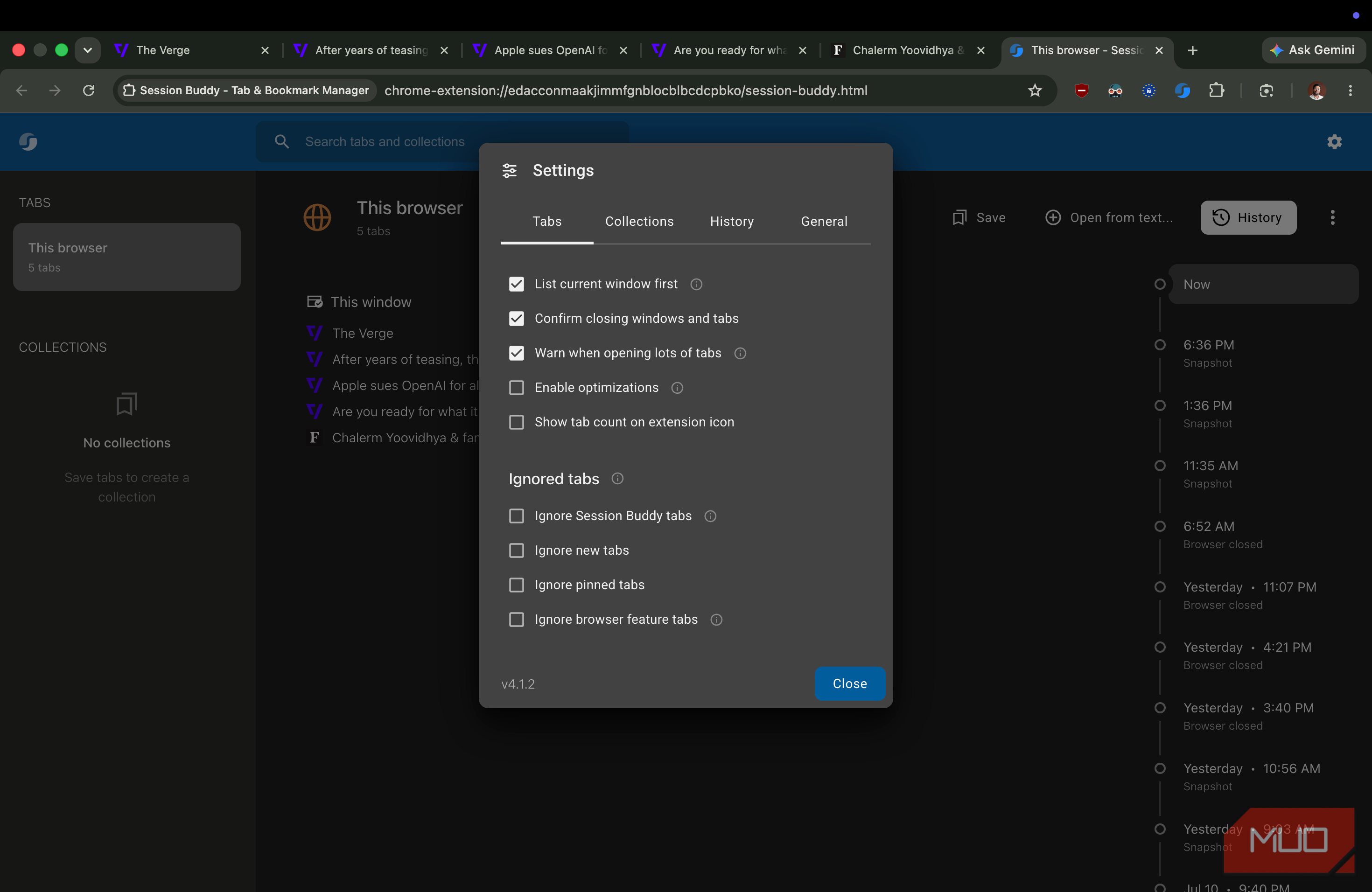 Session Buddy Extension Showing Settings