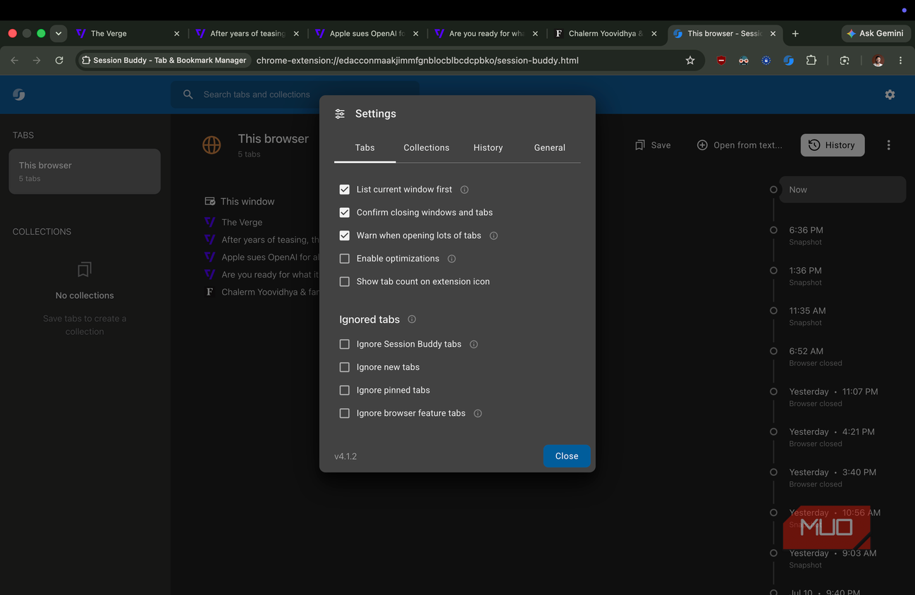 Session Buddy Extension Showing Settings