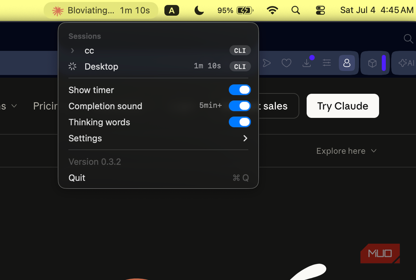 Session dropdown showing Desktop session at 1m 10s with cc collapsed