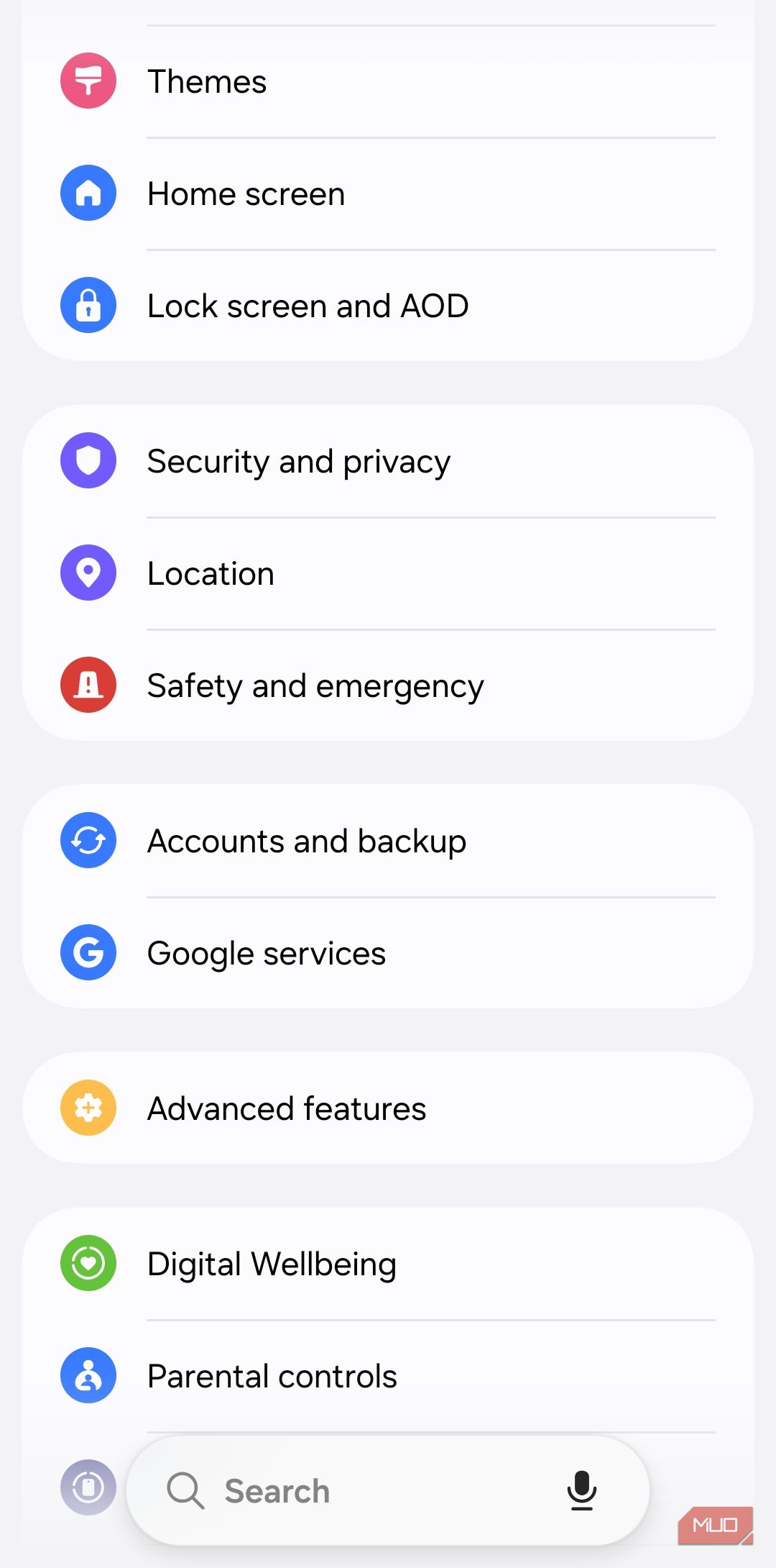 Settings menu on Android phone