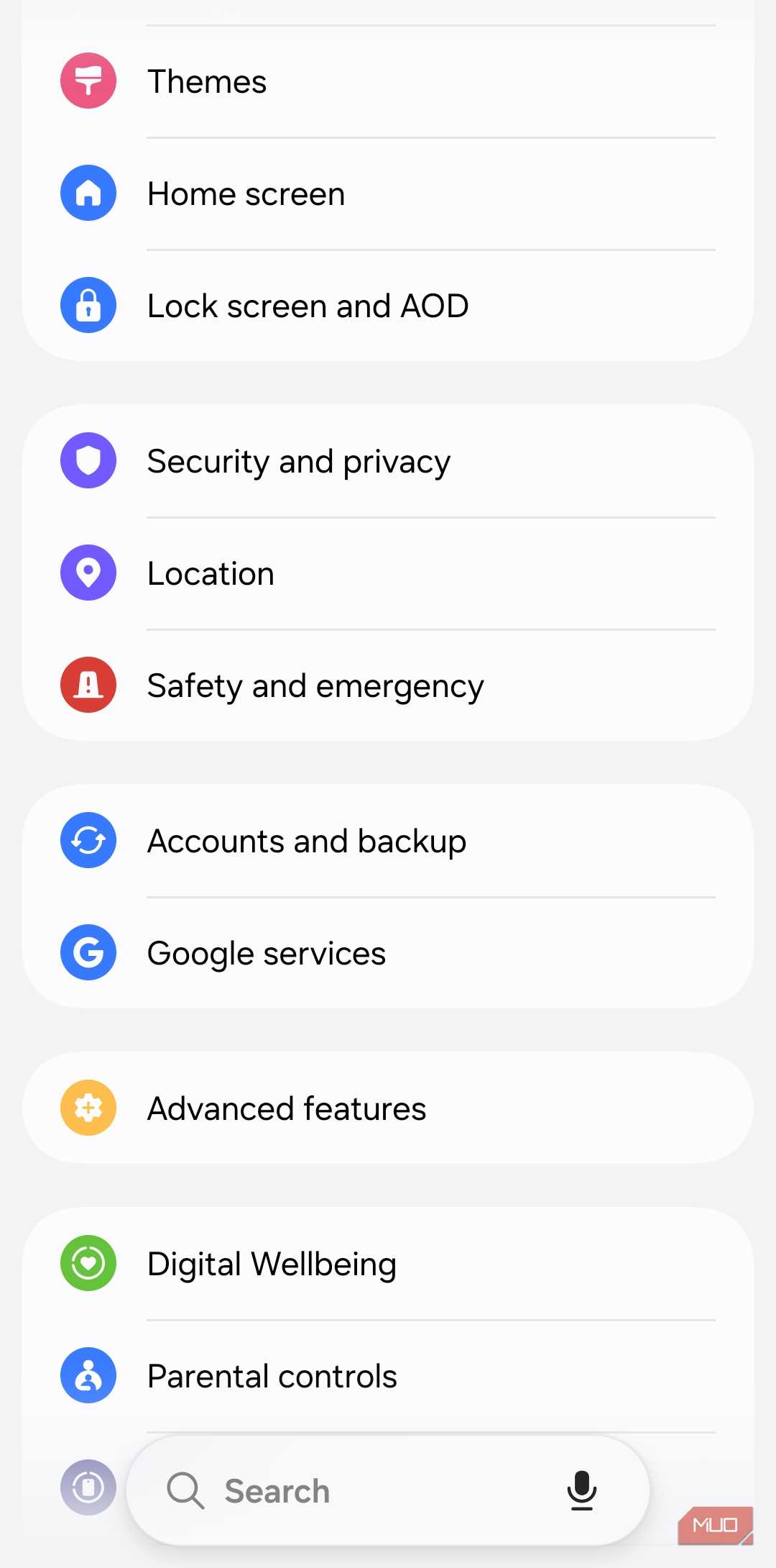 Settings menu on Android phone