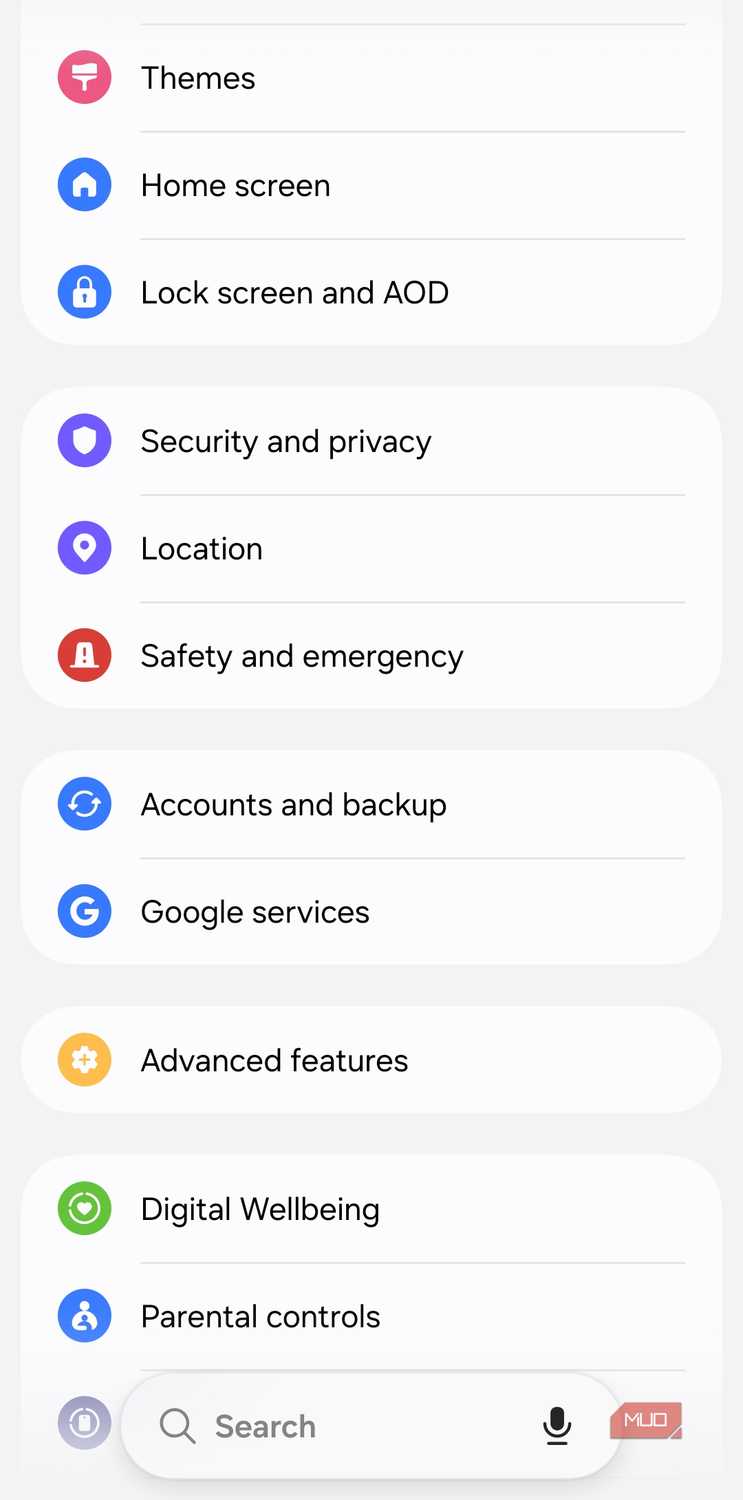 Settings menu on Android phone