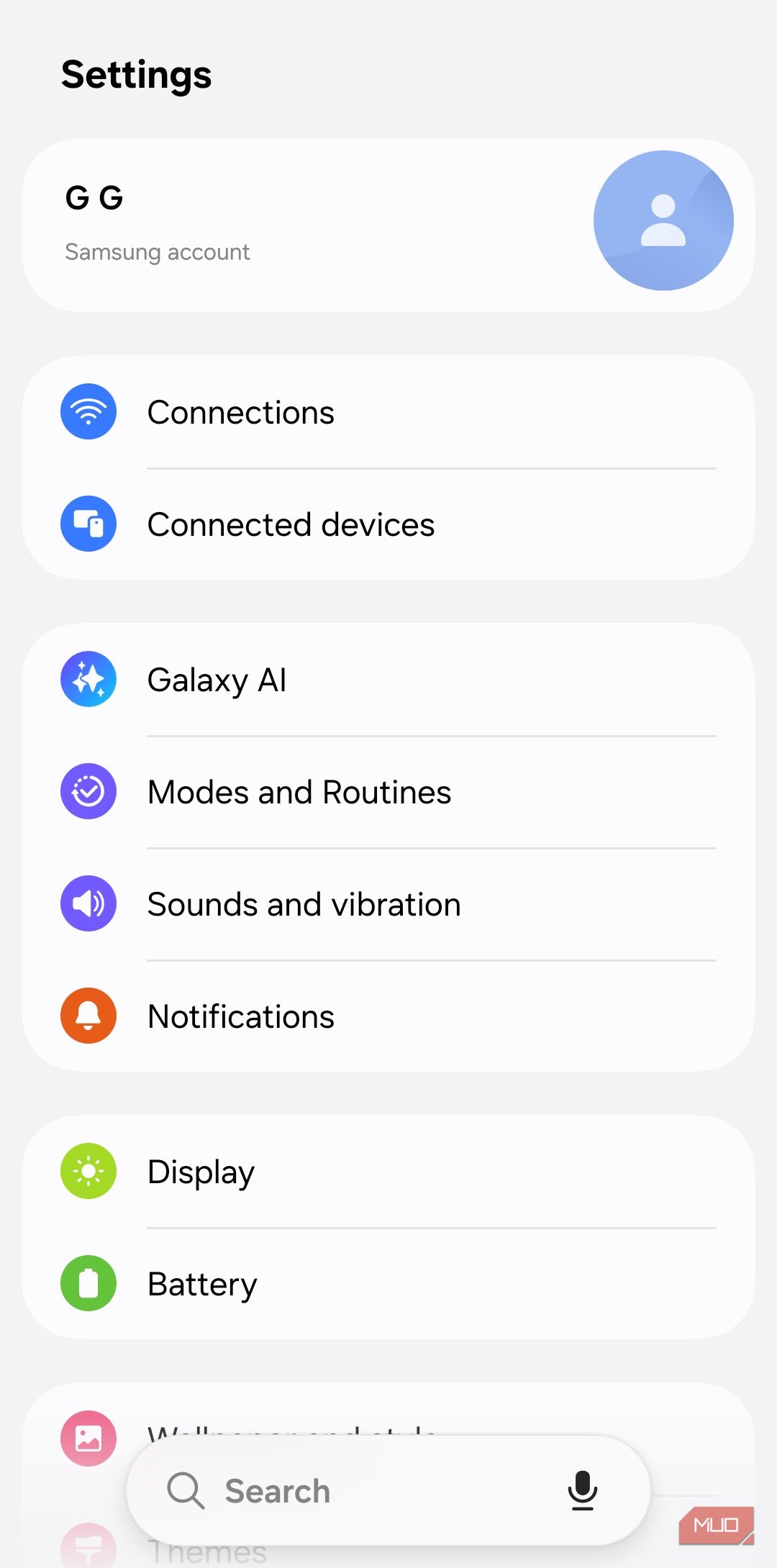Settings menu on Samsung phone