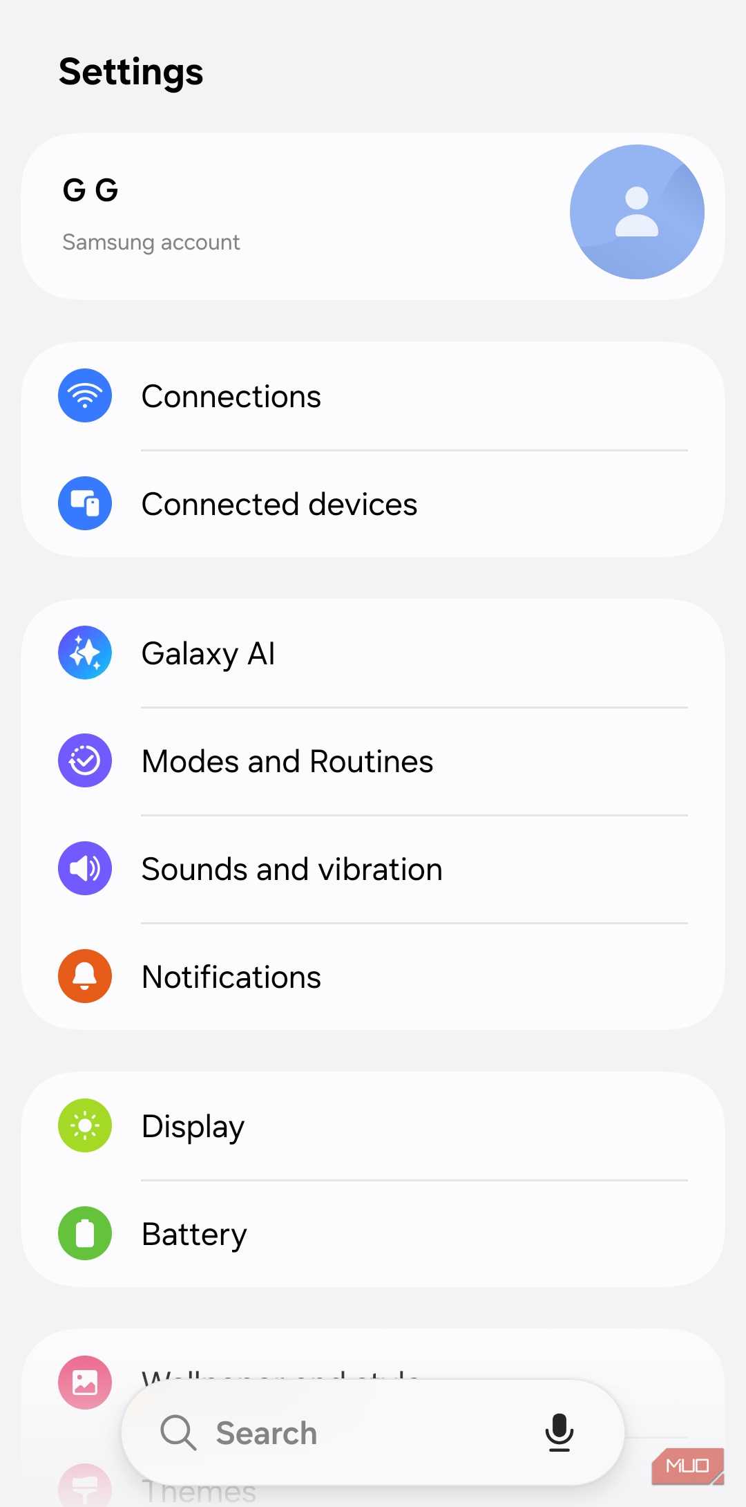 Settings menu on Samsung phone