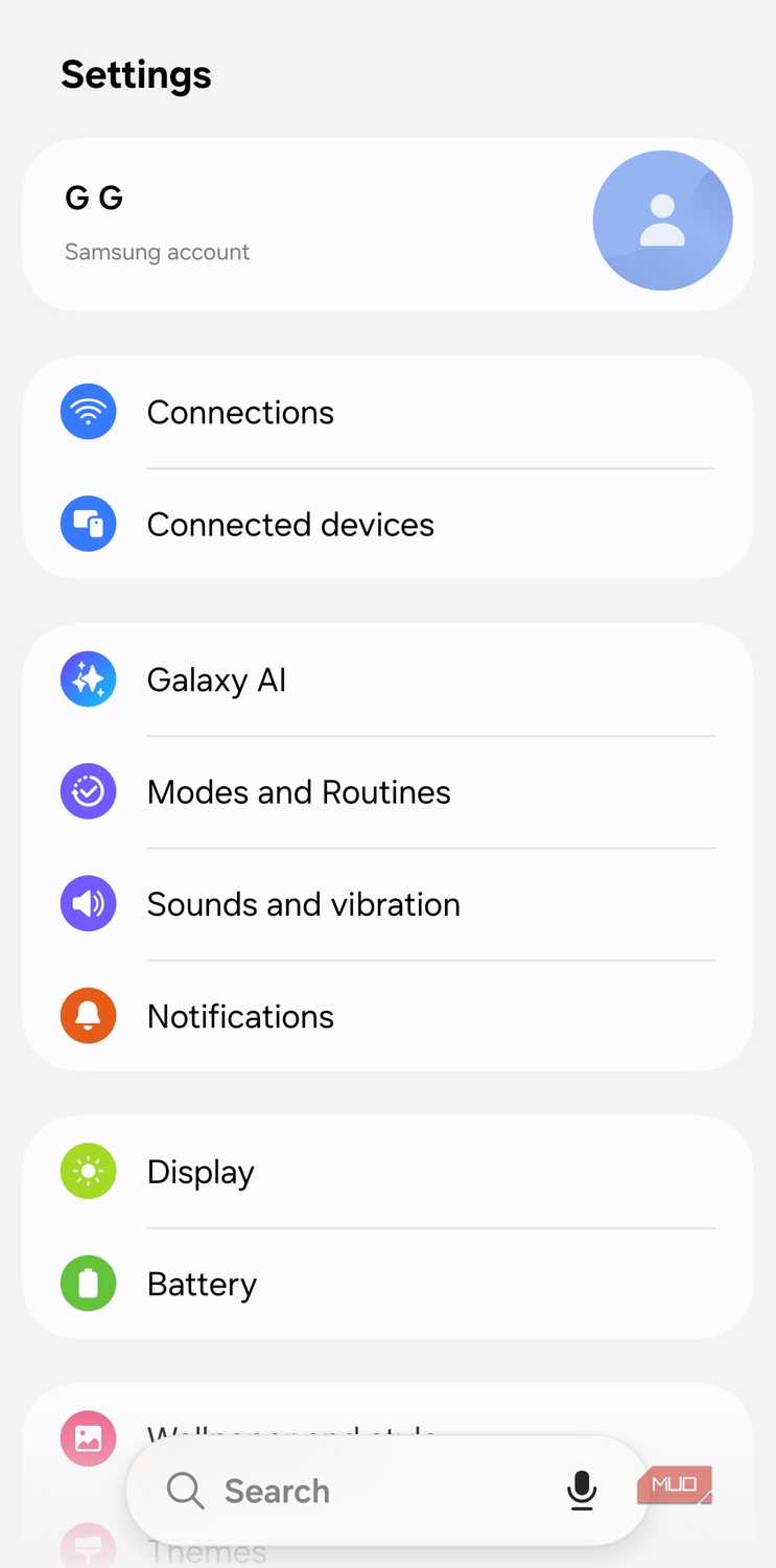 Settings menu on Samsung phone
