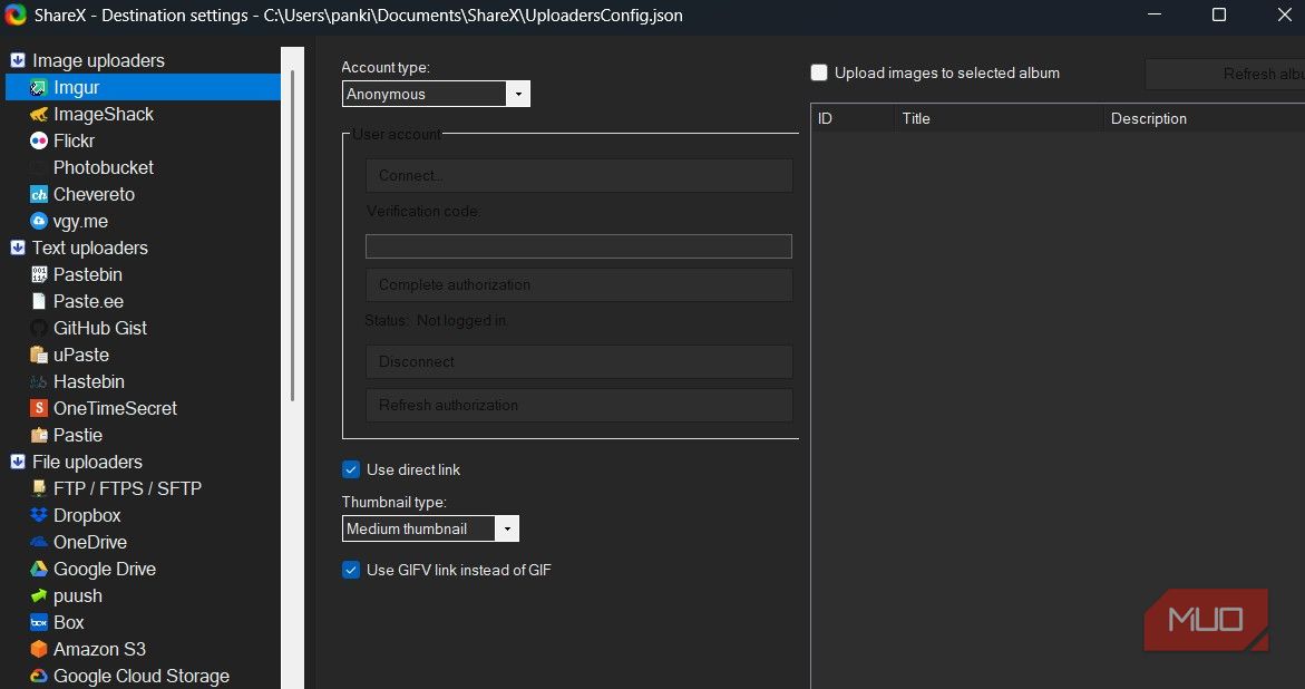 ShareX app destination settings window