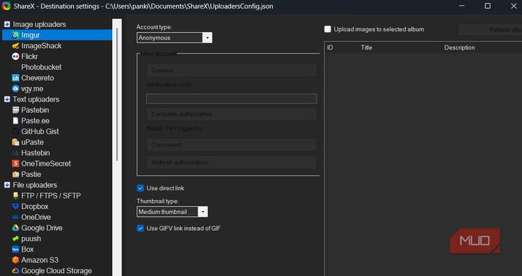 ShareX app destination settings window