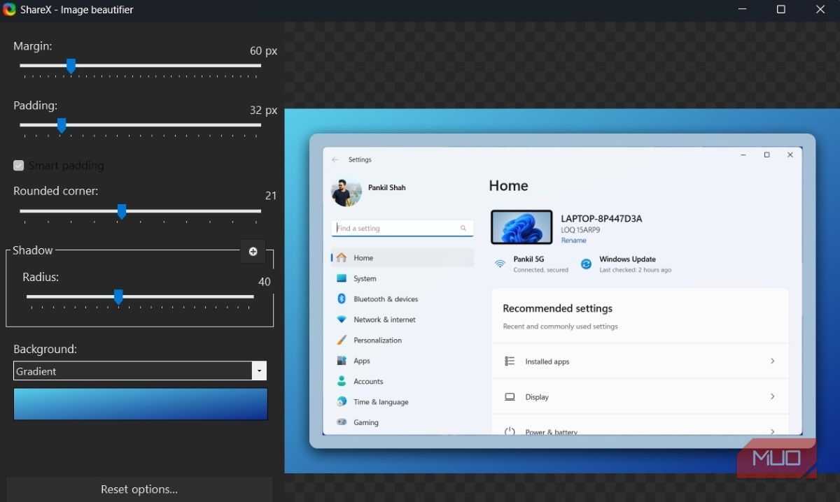 ShareX app image beautifier window showing Windows 11 settings app screenshot