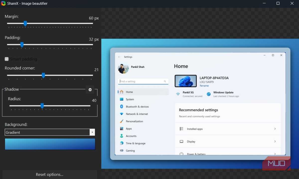 ShareX app image beautifier window showing Windows 11 settings app screenshot