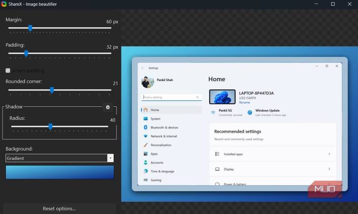 ShareX app image beautifier window showing Windows 11 settings app screenshot