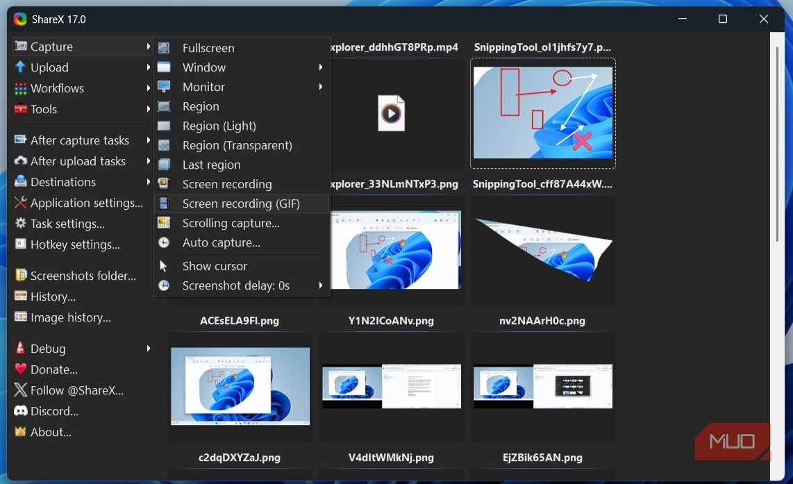 ShareX app showing capturing options on Windows