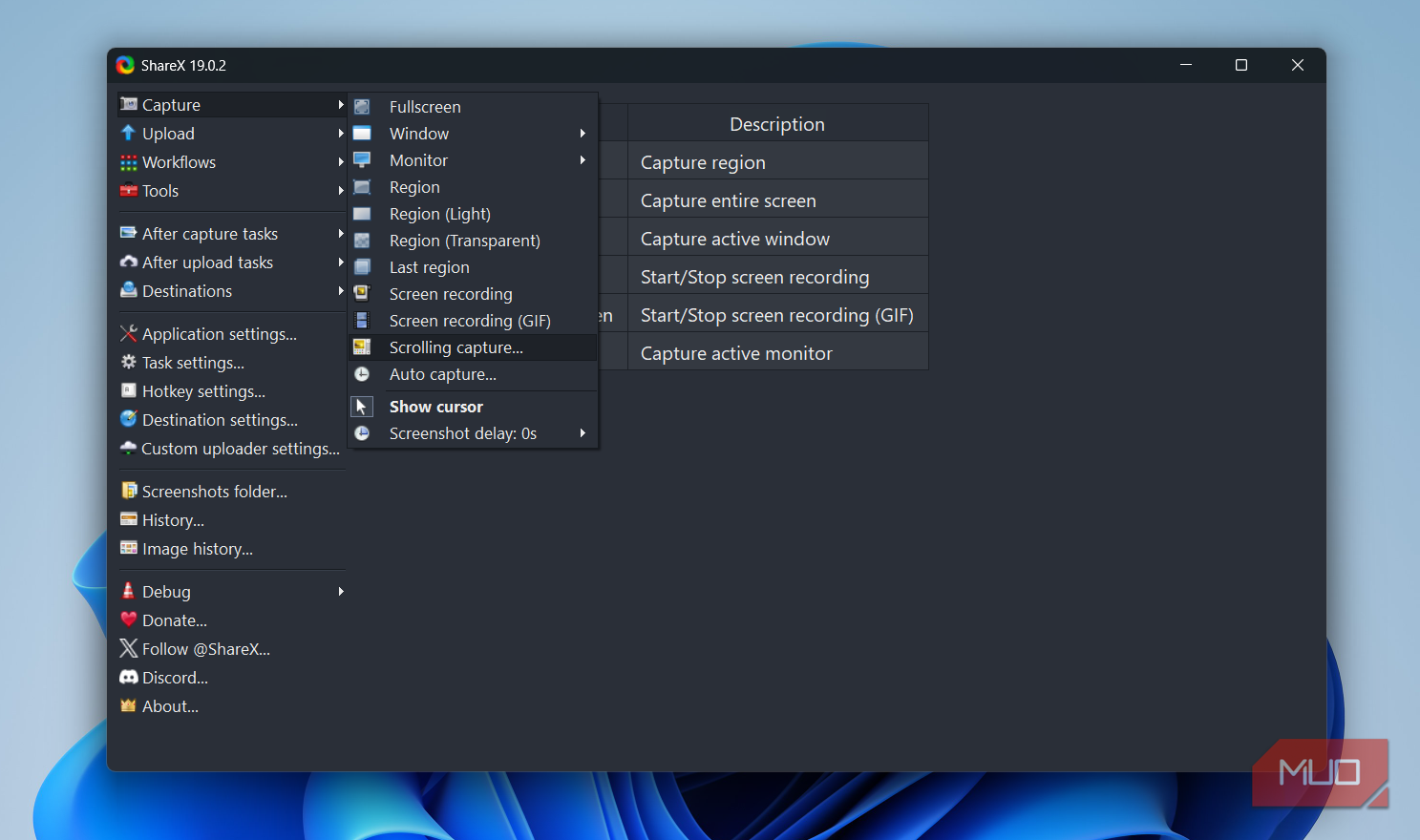 ShareX capture menu on PC