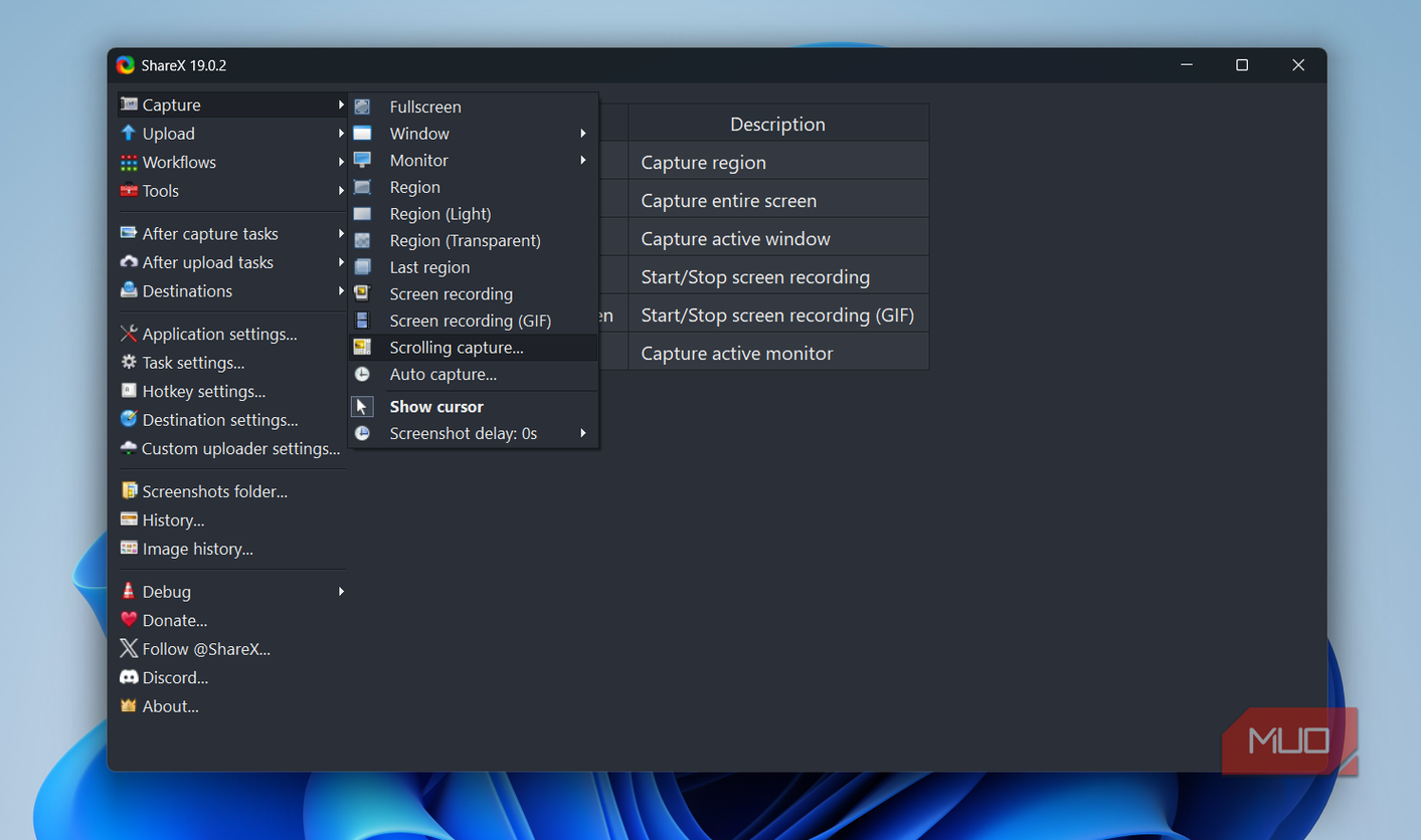 ShareX capture menu on PC