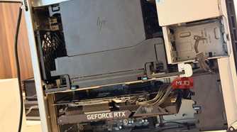 Side view inside the HP Z6 G4 case showing the drive cage and RTX 3090 graphics card