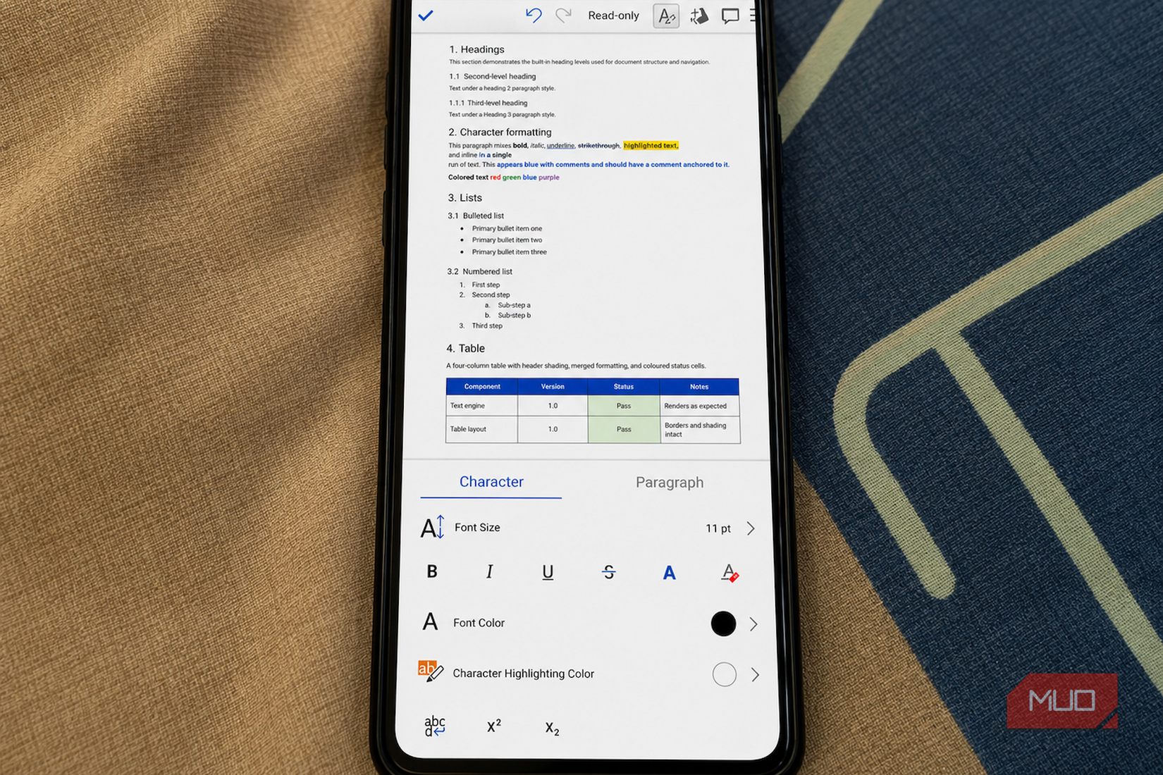 Smartphone displaying Collabora Office editing app interface