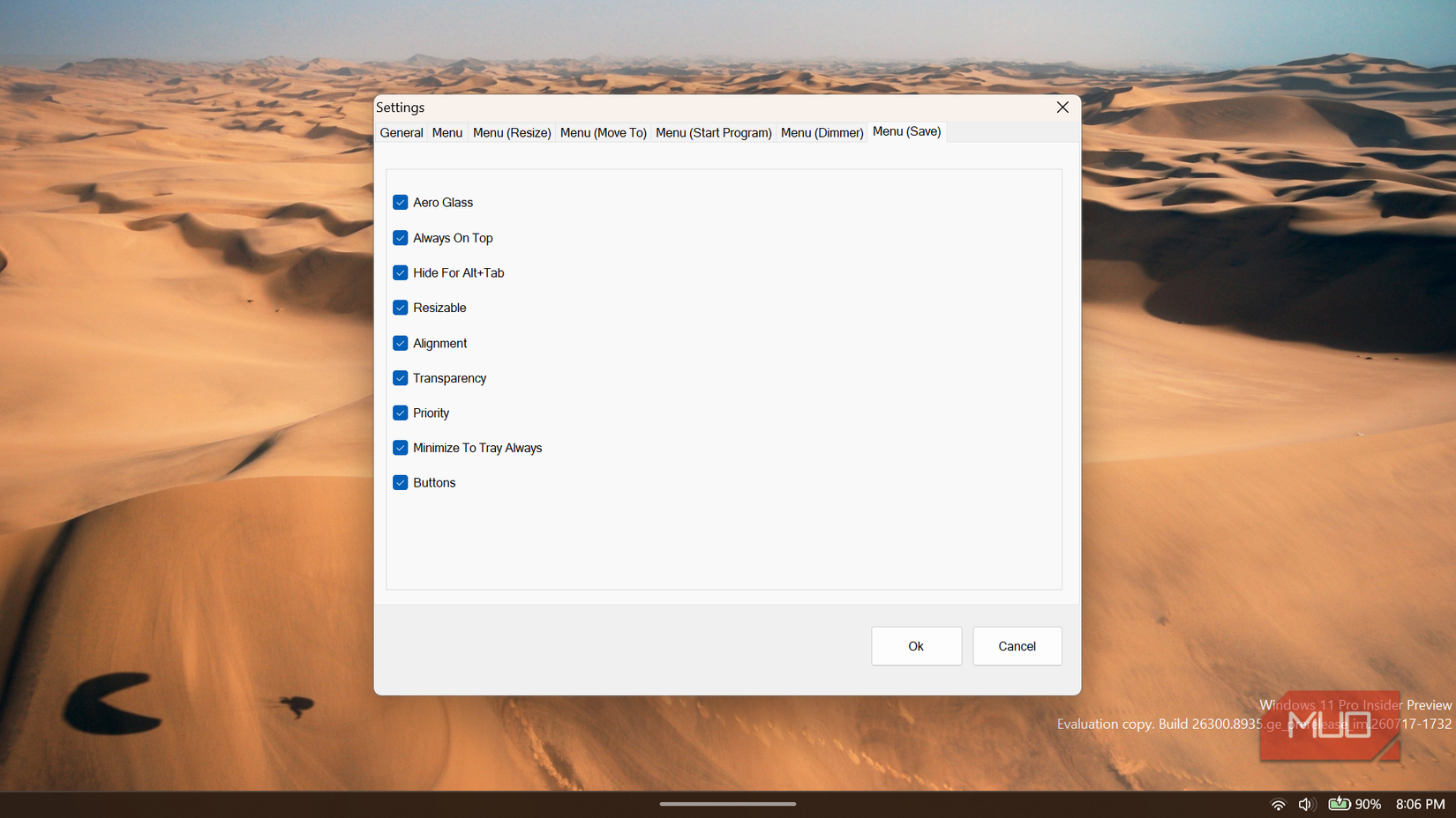 SmartSystemMenu settings window with general options checked