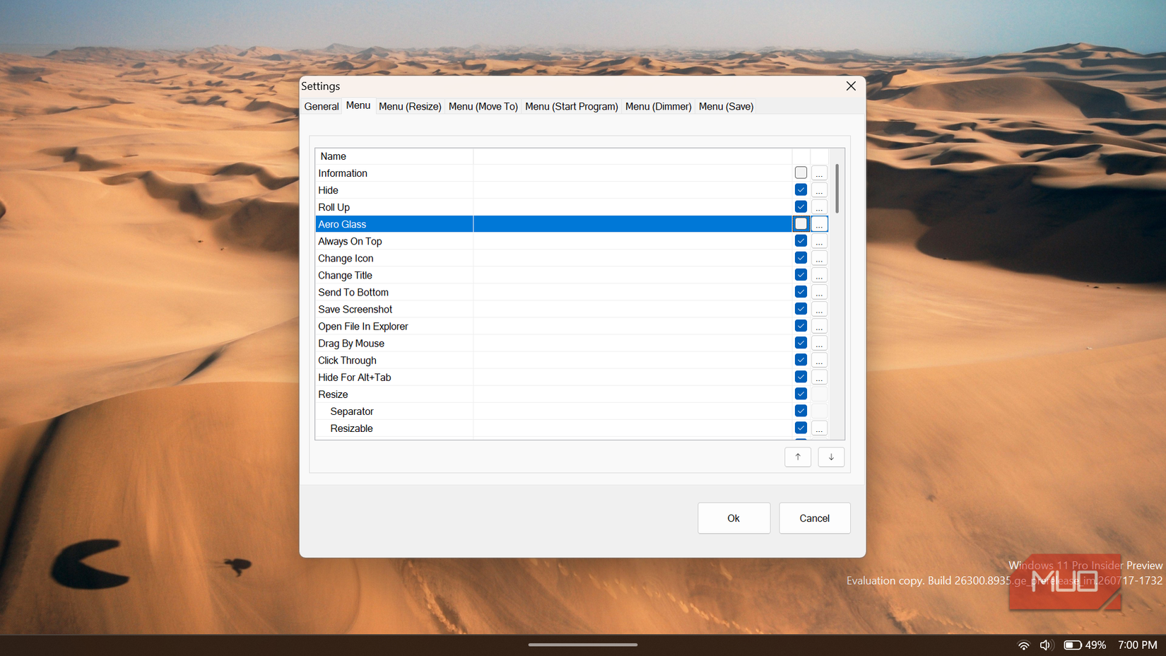 SmartSystemMenu Settings window with menu configuration options.