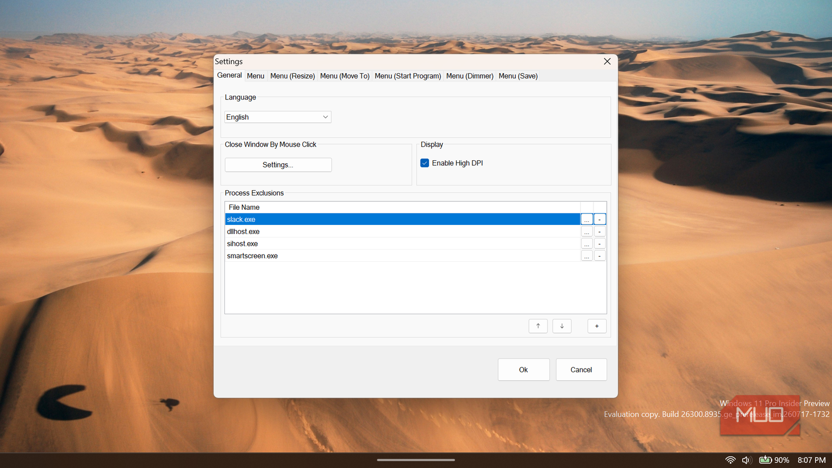 SmartSystemMenu settings window with process exclusions list