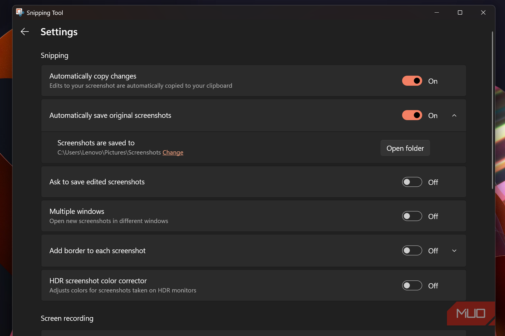 snipping tool settings