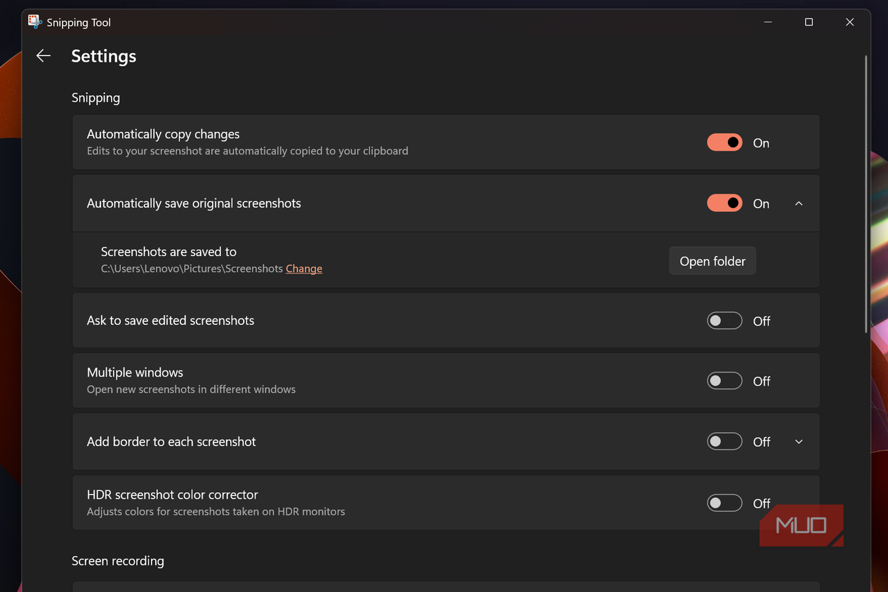 snipping tool settings