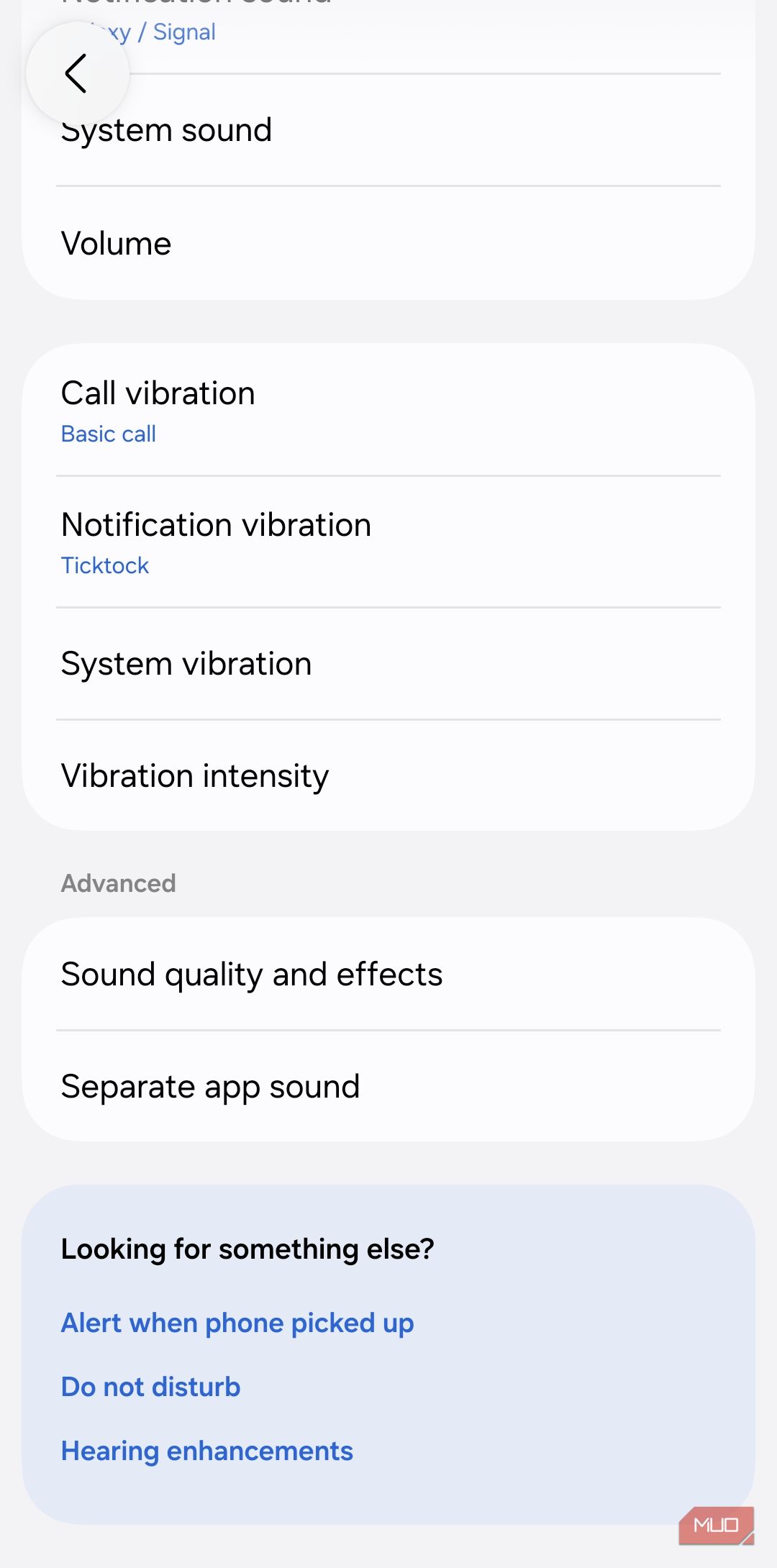 Sound menu on Samsung phone
