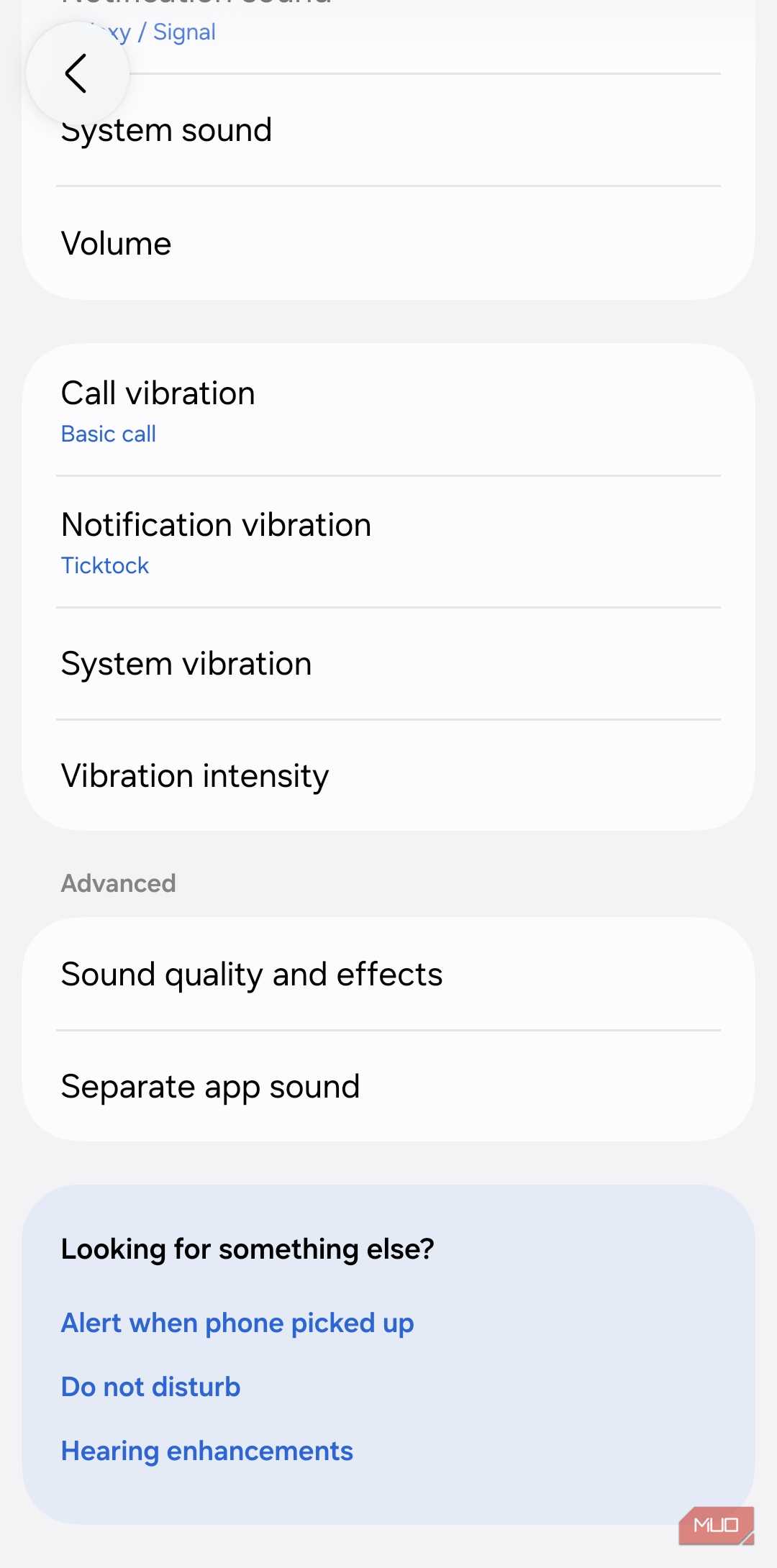 Sound menu on Samsung phone