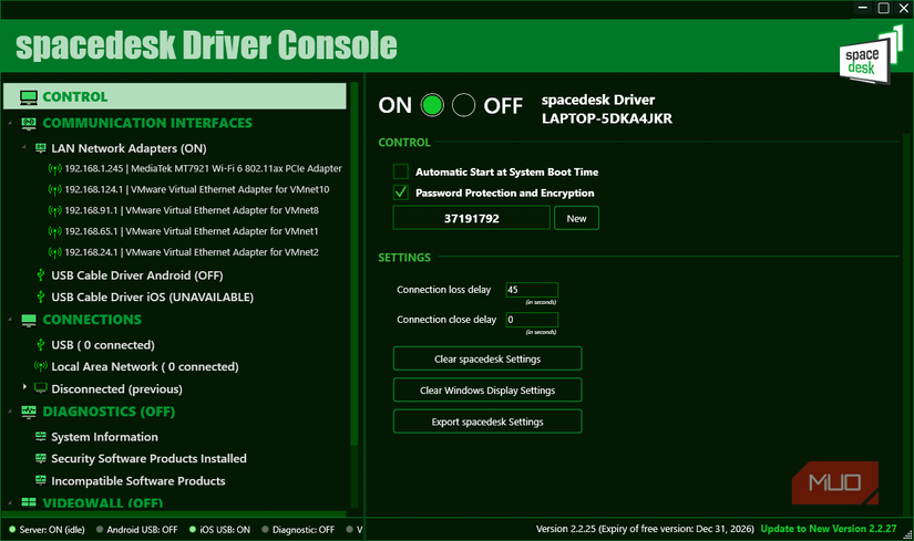 Spacedesk Windows Driver Console with password and encryption option enabled and ticked
